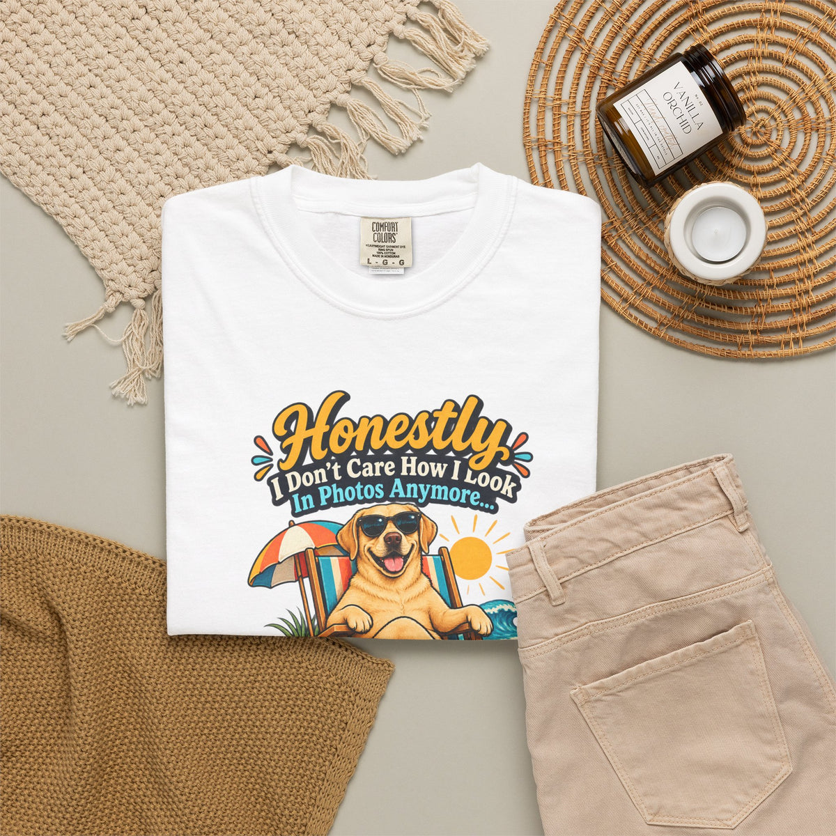 Honestly I Don’t Care How I Look In Photos Anymore T-Shirt — Funny Beach Dog Graphic Tee