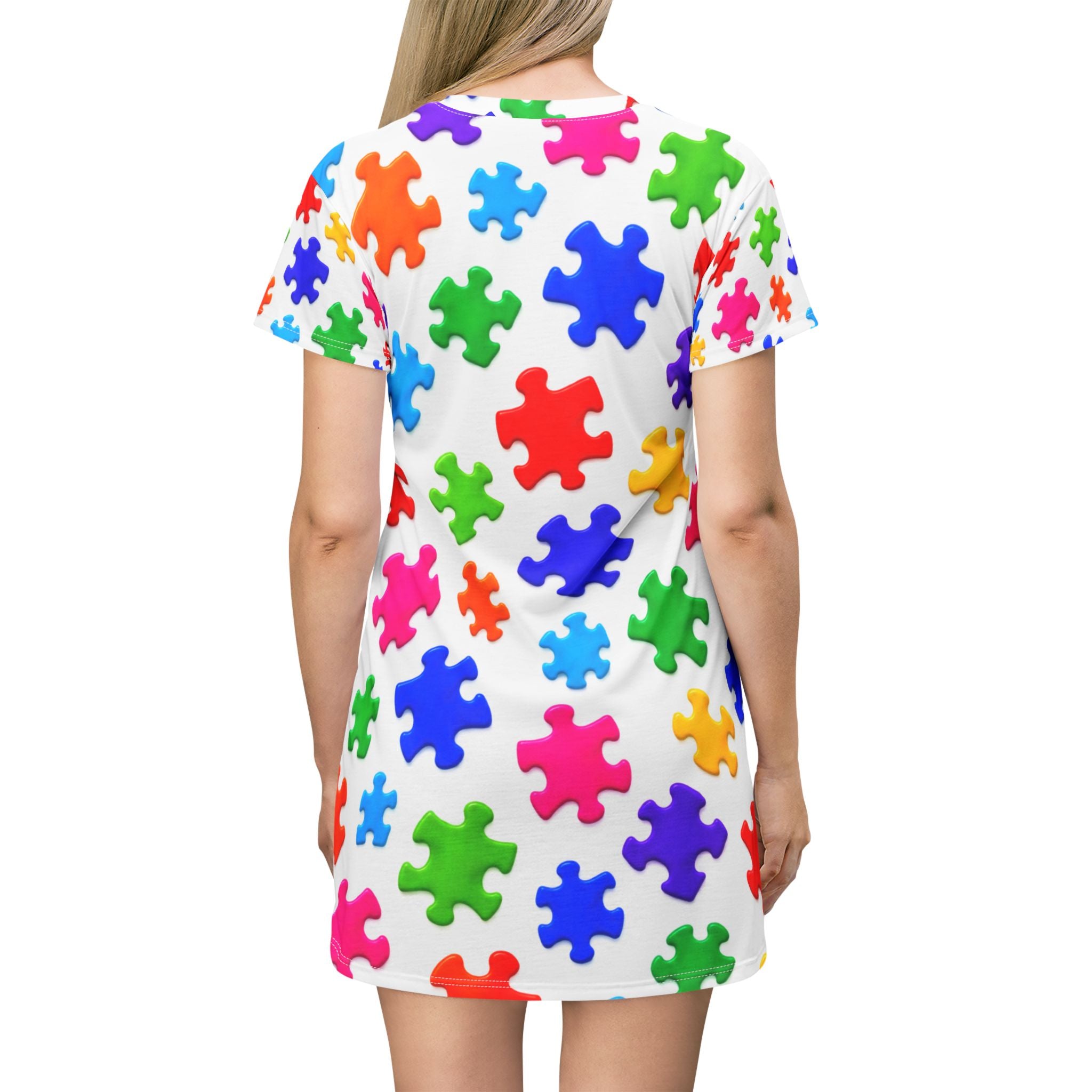 Puzzle Piece Print T‑Shirt Dress — Colorful Autism Awareness AOP Dress