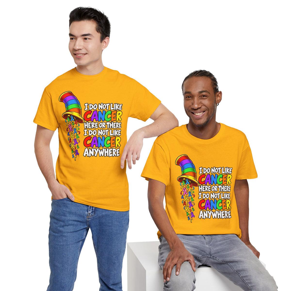 Cancer Awareness T-Shirt — “I Do Not Like Cancer Here or There” Rainbow Ribbon Tee