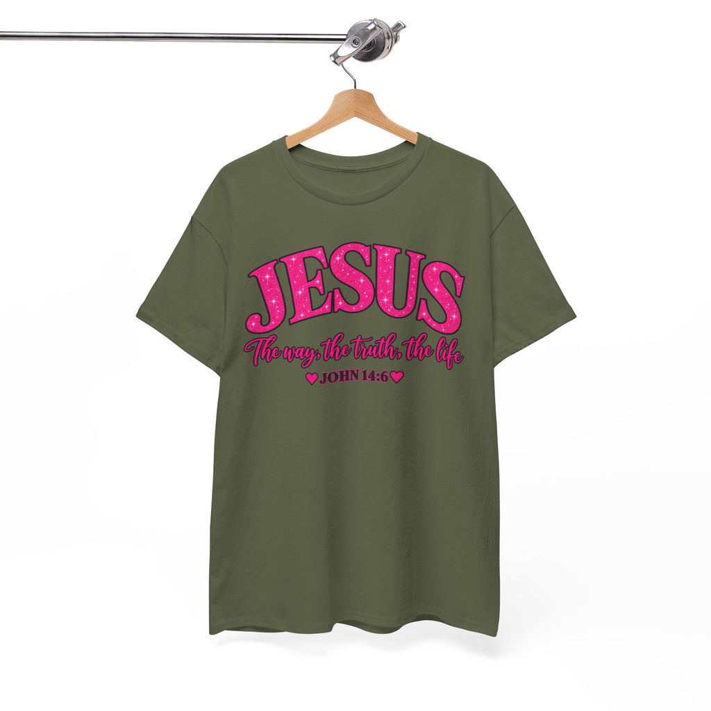 Christian T-Shirt — "JESUS The way, the truth, the life" (John 14:6) Pink Vintage Script