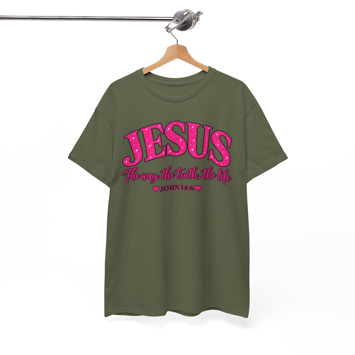 Christian T-Shirt — "JESUS The way, the truth, the life" (John 14:6) Pink Vintage Script