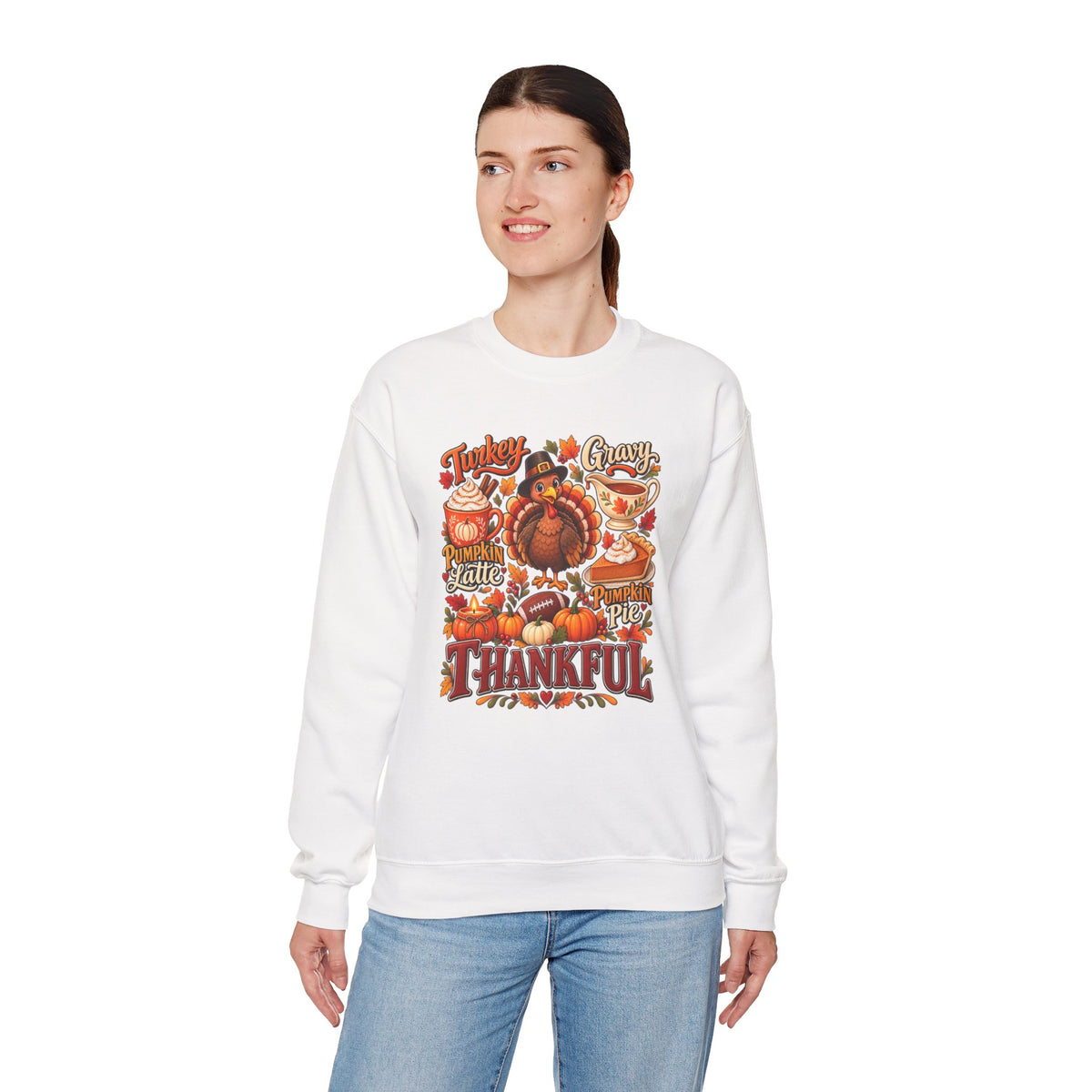 Thankful Thanksgiving Sweatshirt — Cute Turkey & Fall Harvest Crewneck