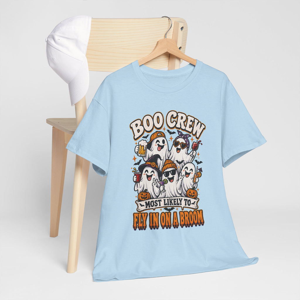 Boo Crew T-Shirt — “Most Likely to Fly on a Broom” Halloween Ghost Tee