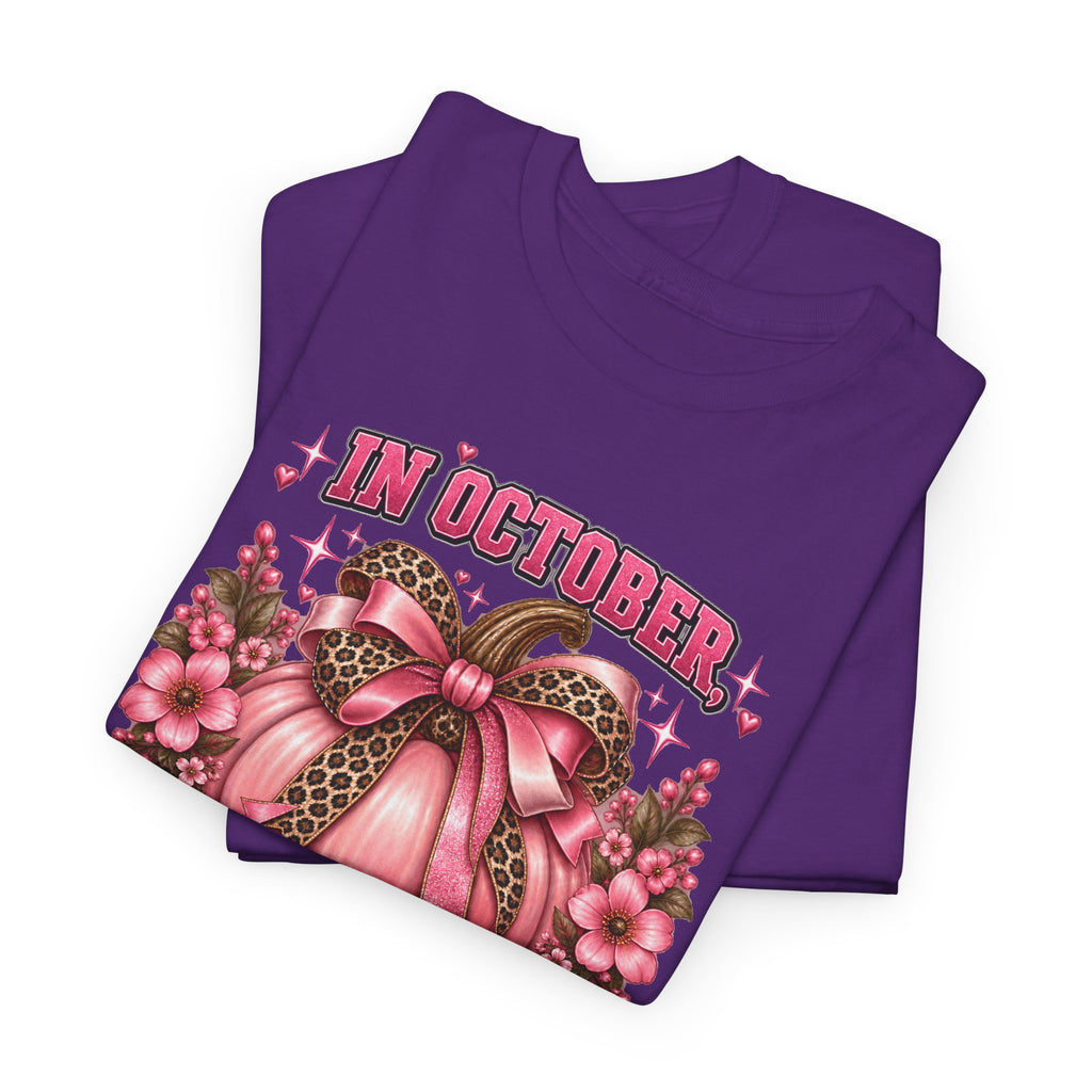 Breast Cancer Awareness T-Shirt — "In October We Wear Pink" Pumpkin Design