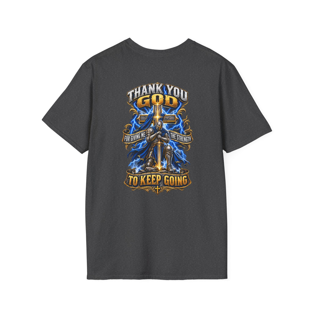 T-Shirt — "Thank You God I Keep Going" Faith Graphic Pocket Tee