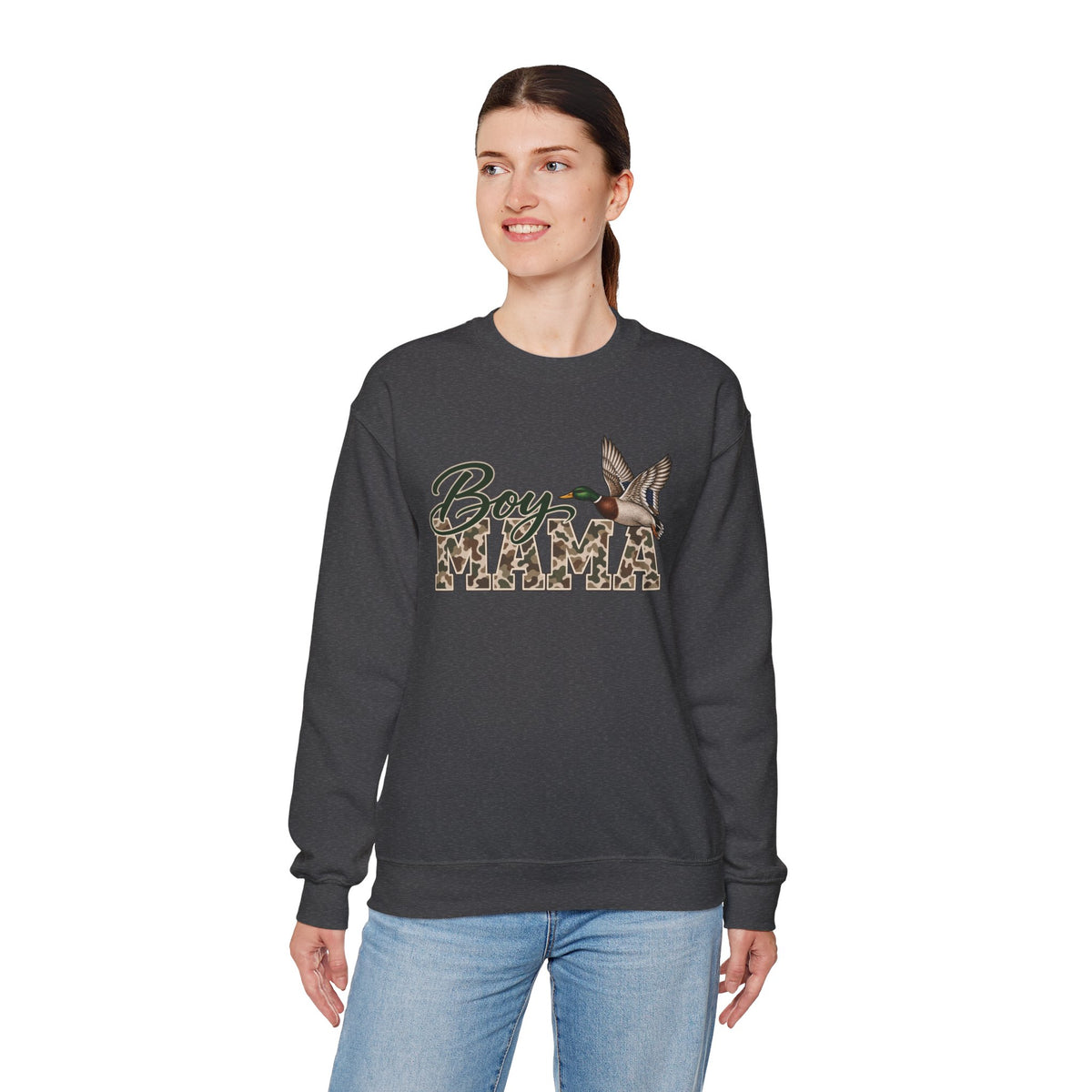 Boy Mama Crewneck Sweatshirt — Camo Lettering with Flying Duck