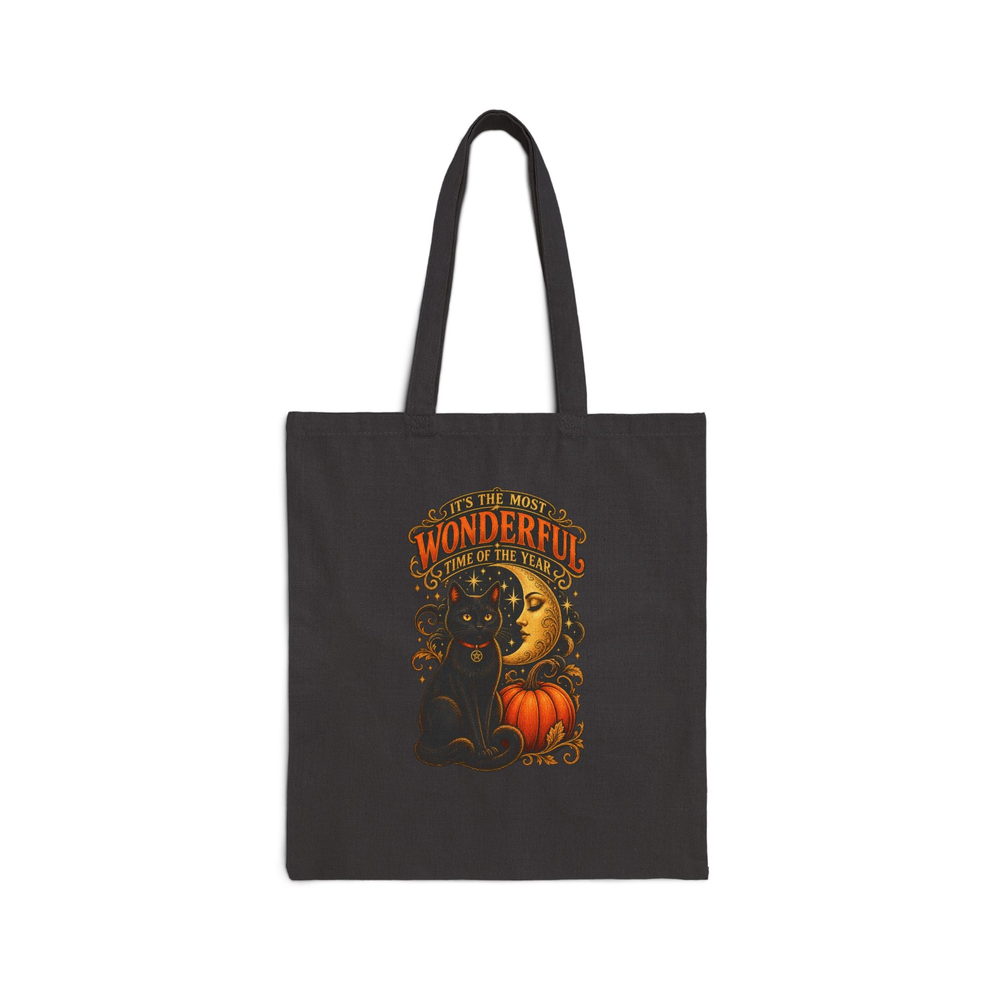 Tote Bag — Vintage Halloween Black Cat & Moon Pumpkin “Most Wonderful Time” Canvas Tote