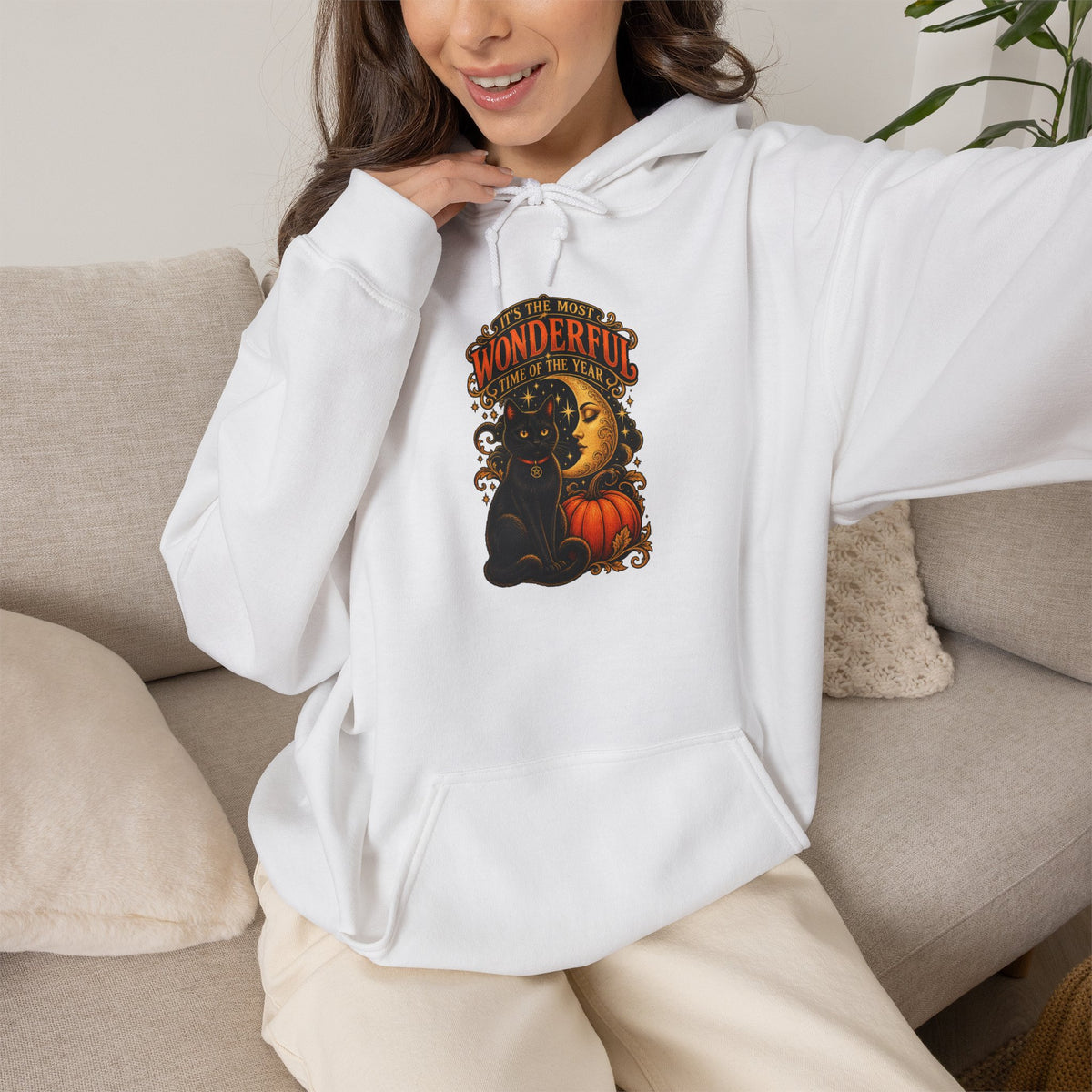 Halloween Black Cat Moon Hoodie – Vintage Pumpkin & Crescent Moon Fall Sweatshirt