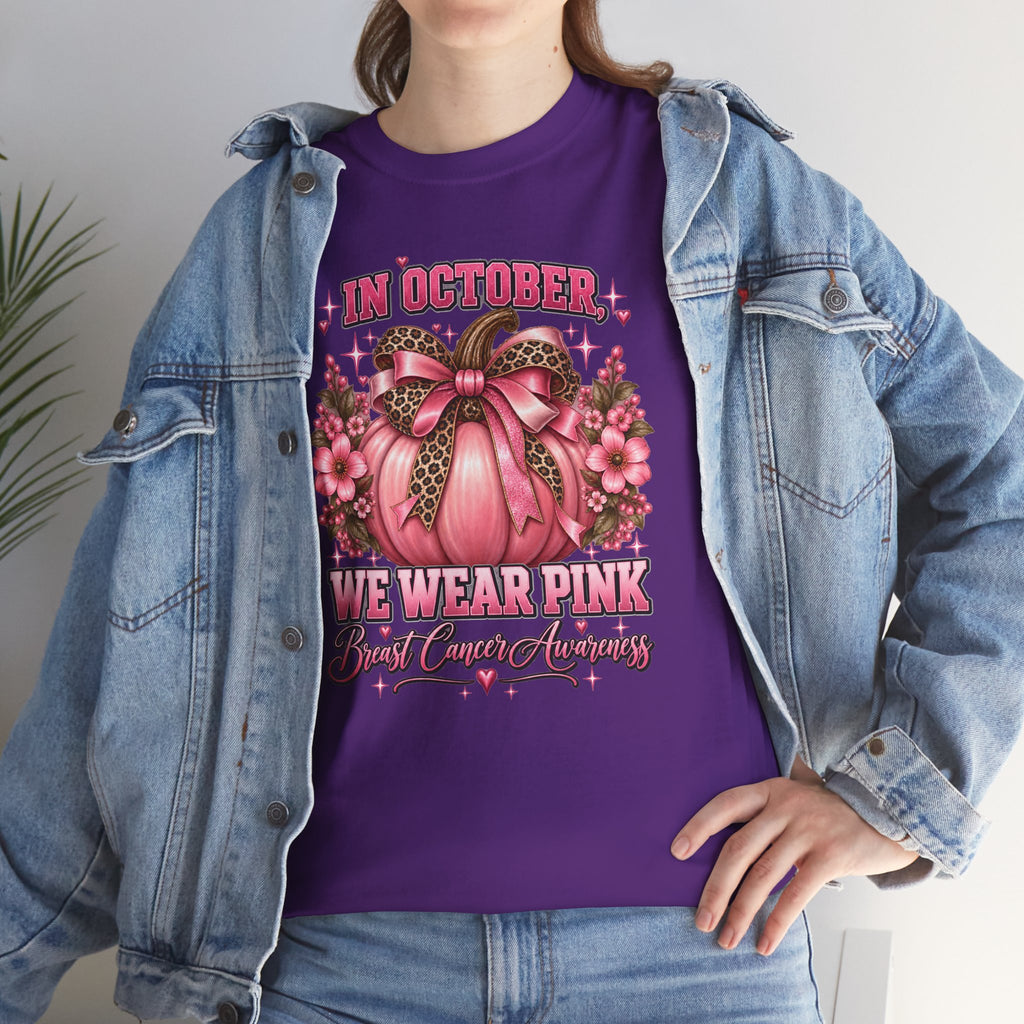Breast Cancer Awareness T-Shirt — "In October We Wear Pink" Pumpkin Design