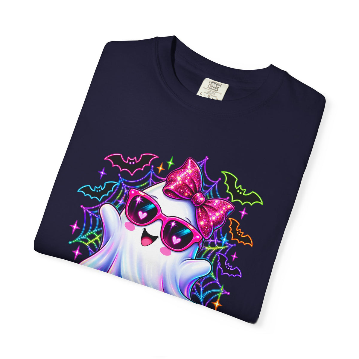 Cute Halloween Ghost T-Shirt — Pink Bow Ghost with Sunglasses & Pumpkins