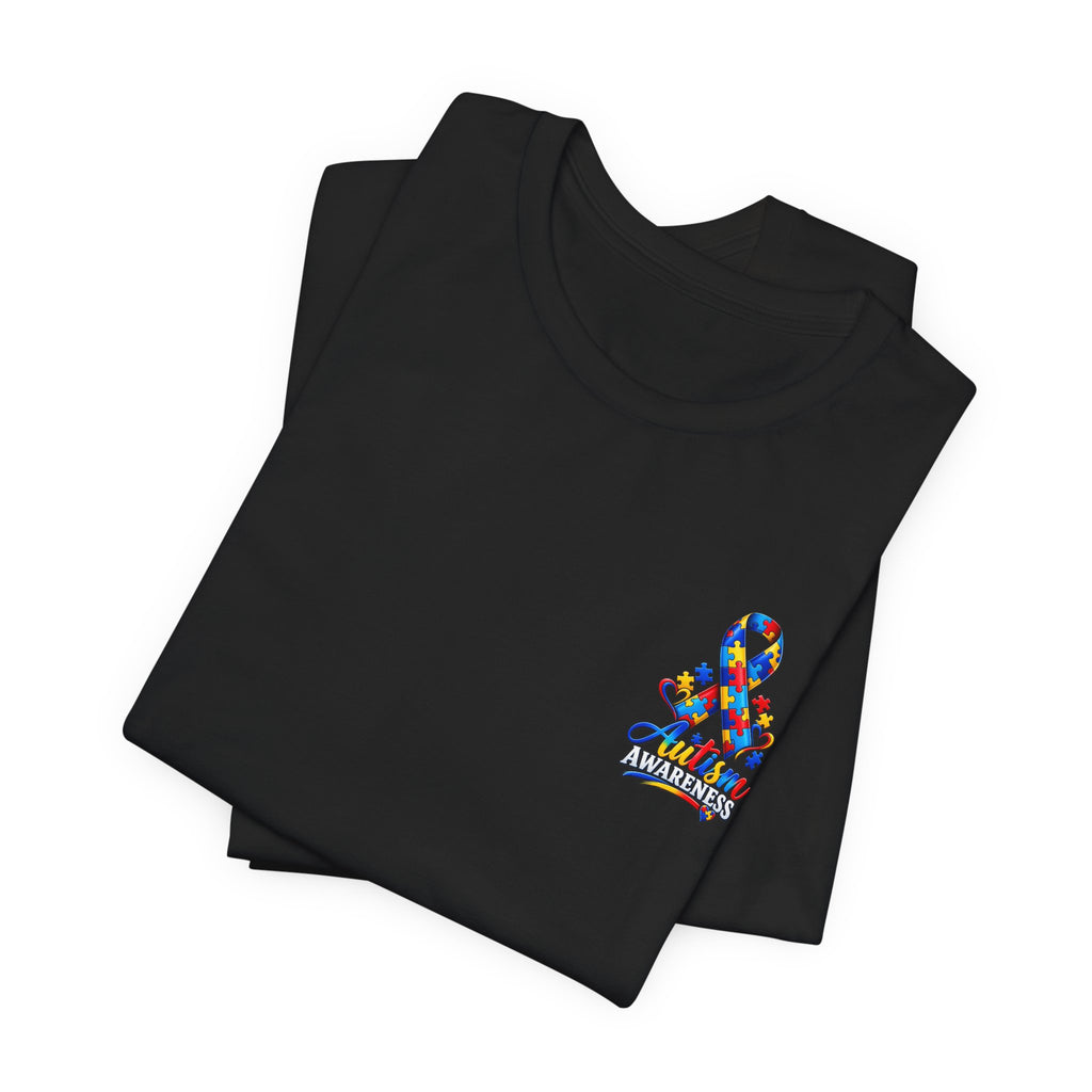 Autism Awareness Ribbon Chest Tee — 'Different, Not Less' Short Sleeve T-Shirt
