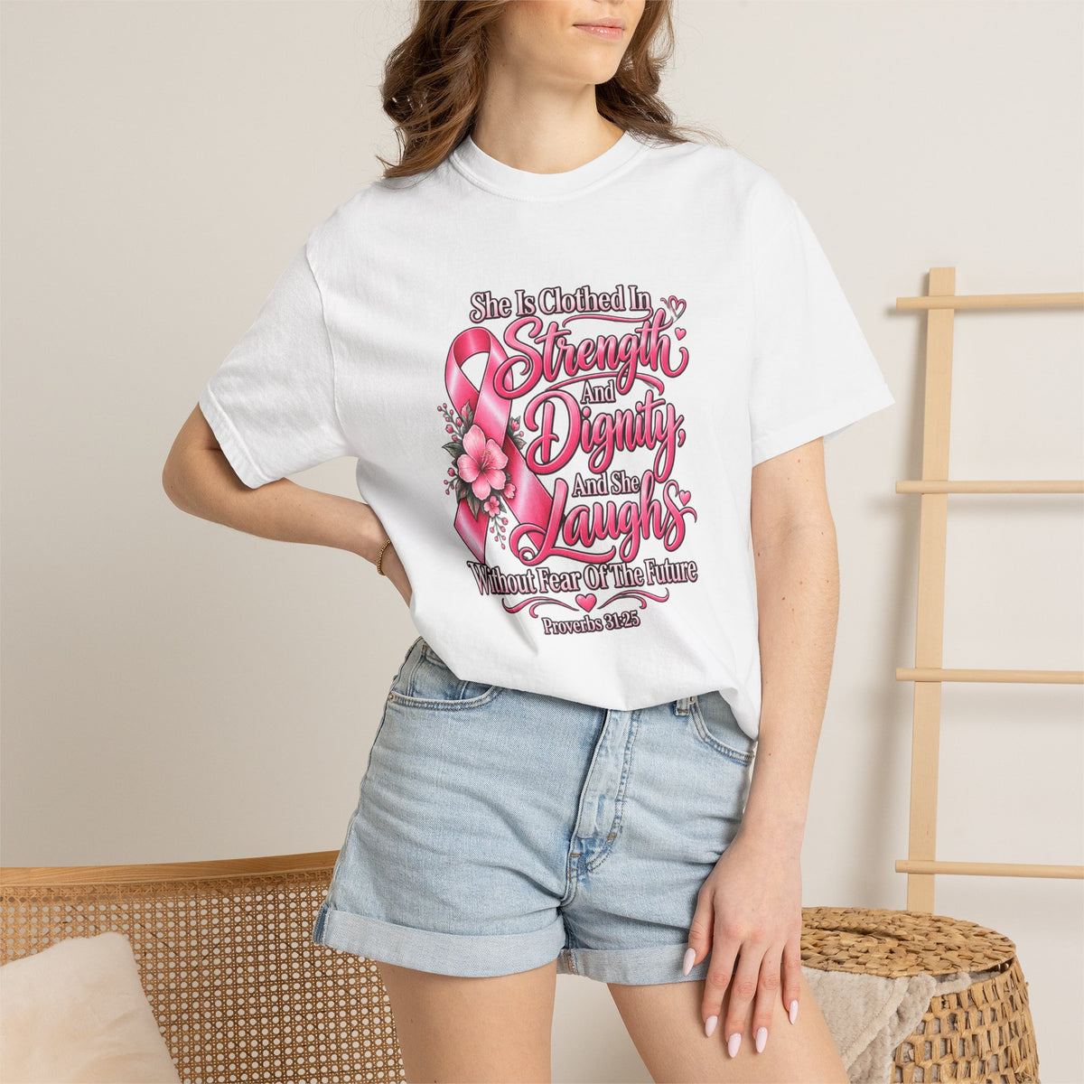 Breast Cancer Awareness T-Shirt — "She is Clothed in Strength" Pink Ribbon Tee
