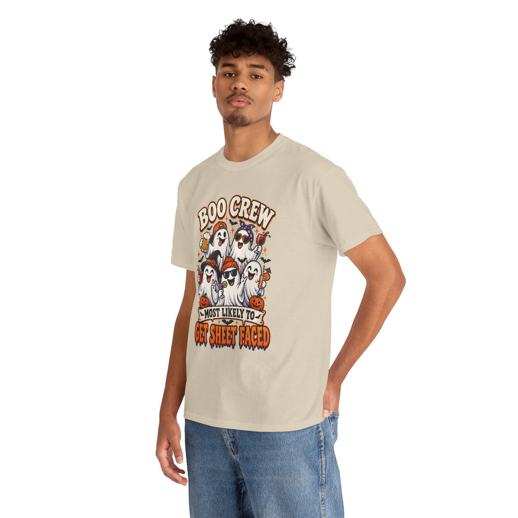Boo Crew Halloween T-Shirt — “Most Likely to Get Sheet Faced” Funny Ghost Party Tee