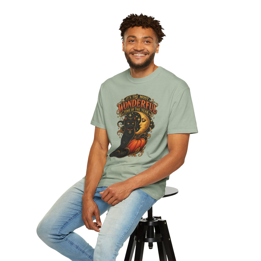 T-Shirt — "It's the Most Wonderful Time of the Year" Halloween Black Cat & Pumpkin