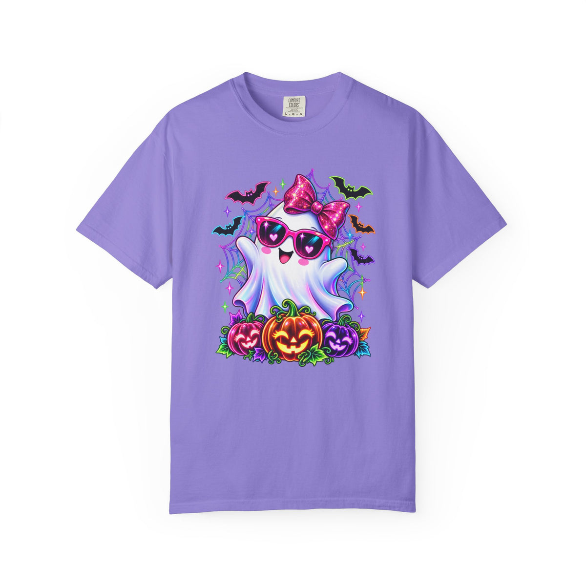 Cute Halloween Ghost T-Shirt — Pink Bow Ghost with Sunglasses & Pumpkins