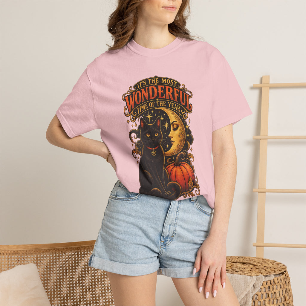 T-Shirt — "It's the Most Wonderful Time of the Year" Halloween Black Cat & Pumpkin