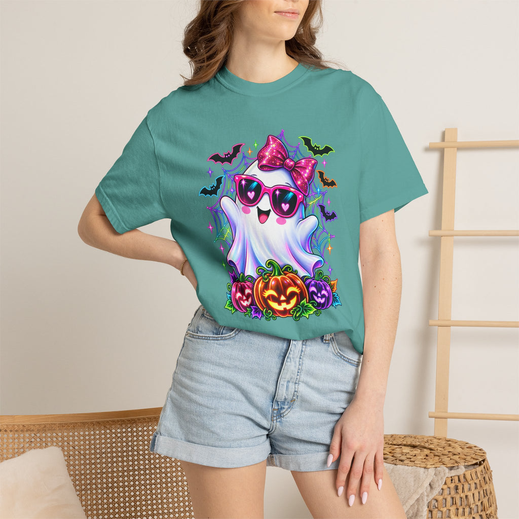 Cute Halloween Ghost T-Shirt — Pink Bow Ghost with Sunglasses & Pumpkins