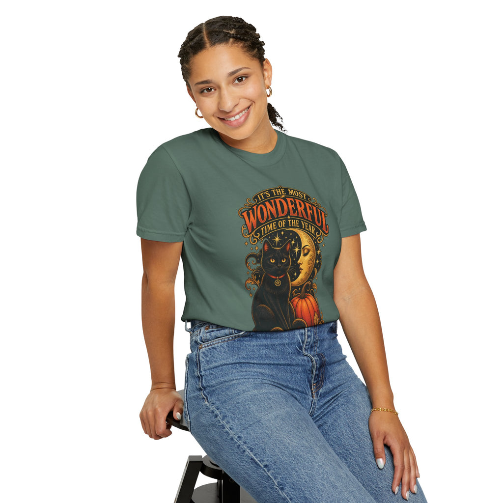 T-Shirt — "It's the Most Wonderful Time of the Year" Halloween Black Cat & Pumpkin