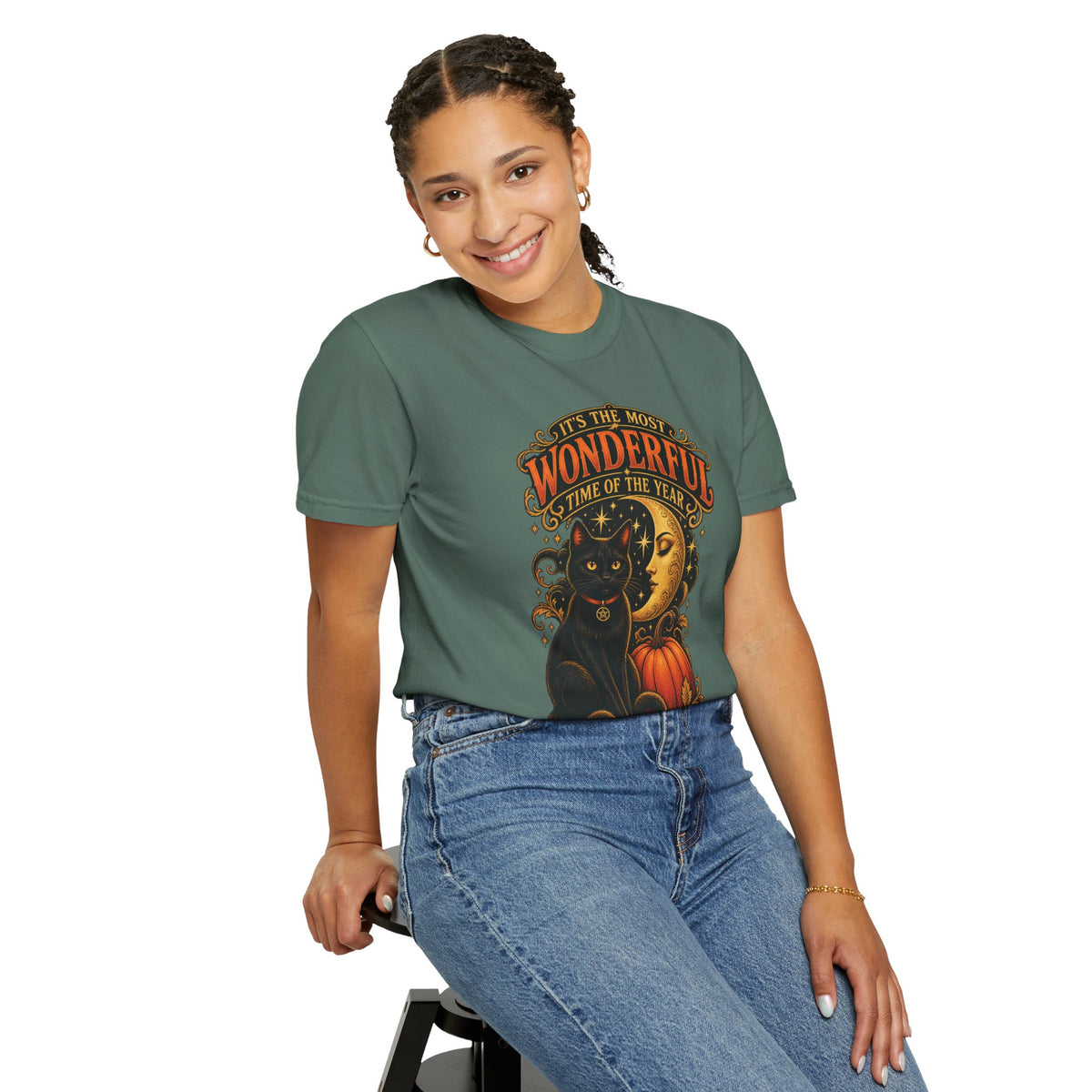 T-Shirt — "It's the Most Wonderful Time of the Year" Halloween Black Cat & Pumpkin