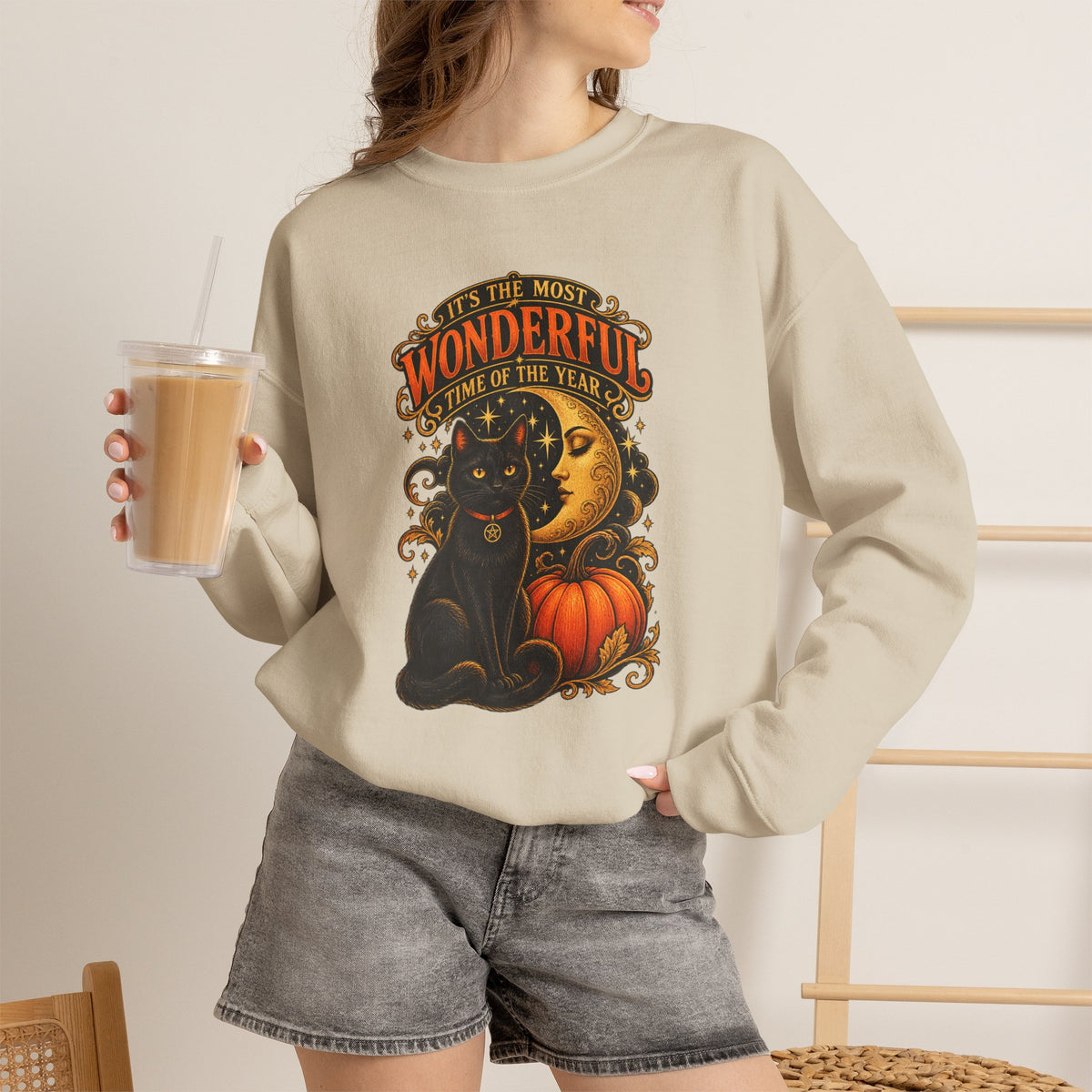 Vintage Halloween Sweatshirt - "It's the Most Wonderful Time of the Year" Black Cat & Moon Design