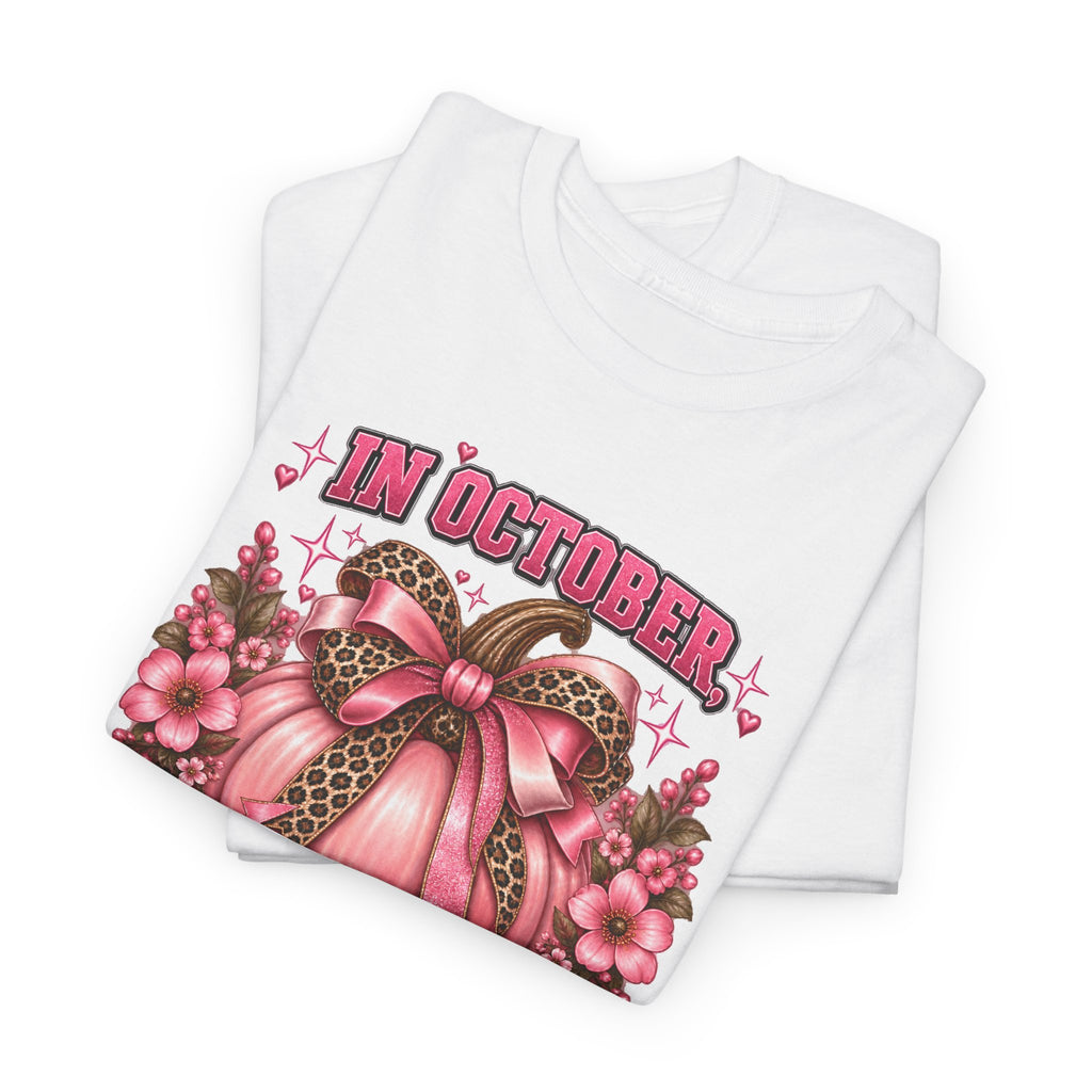 Breast Cancer Awareness T-Shirt — "In October We Wear Pink" Pumpkin Design