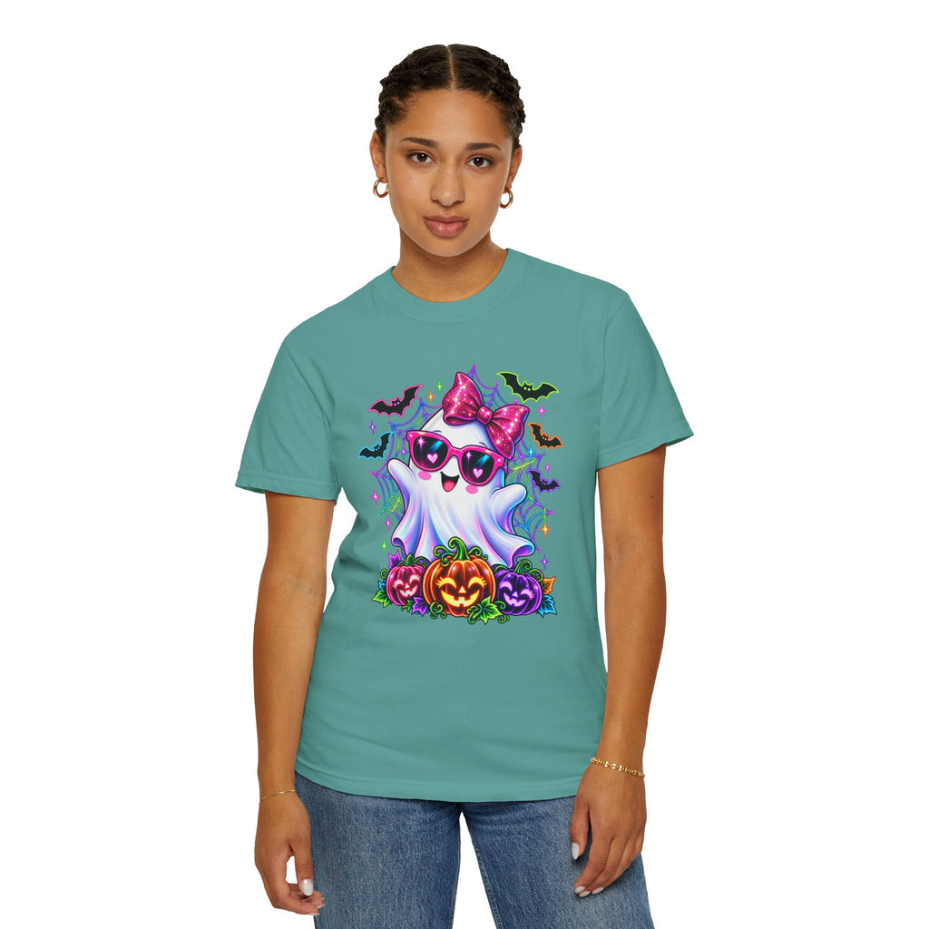 Cute Halloween Ghost T-Shirt — Pink Bow Ghost with Sunglasses & Pumpkins