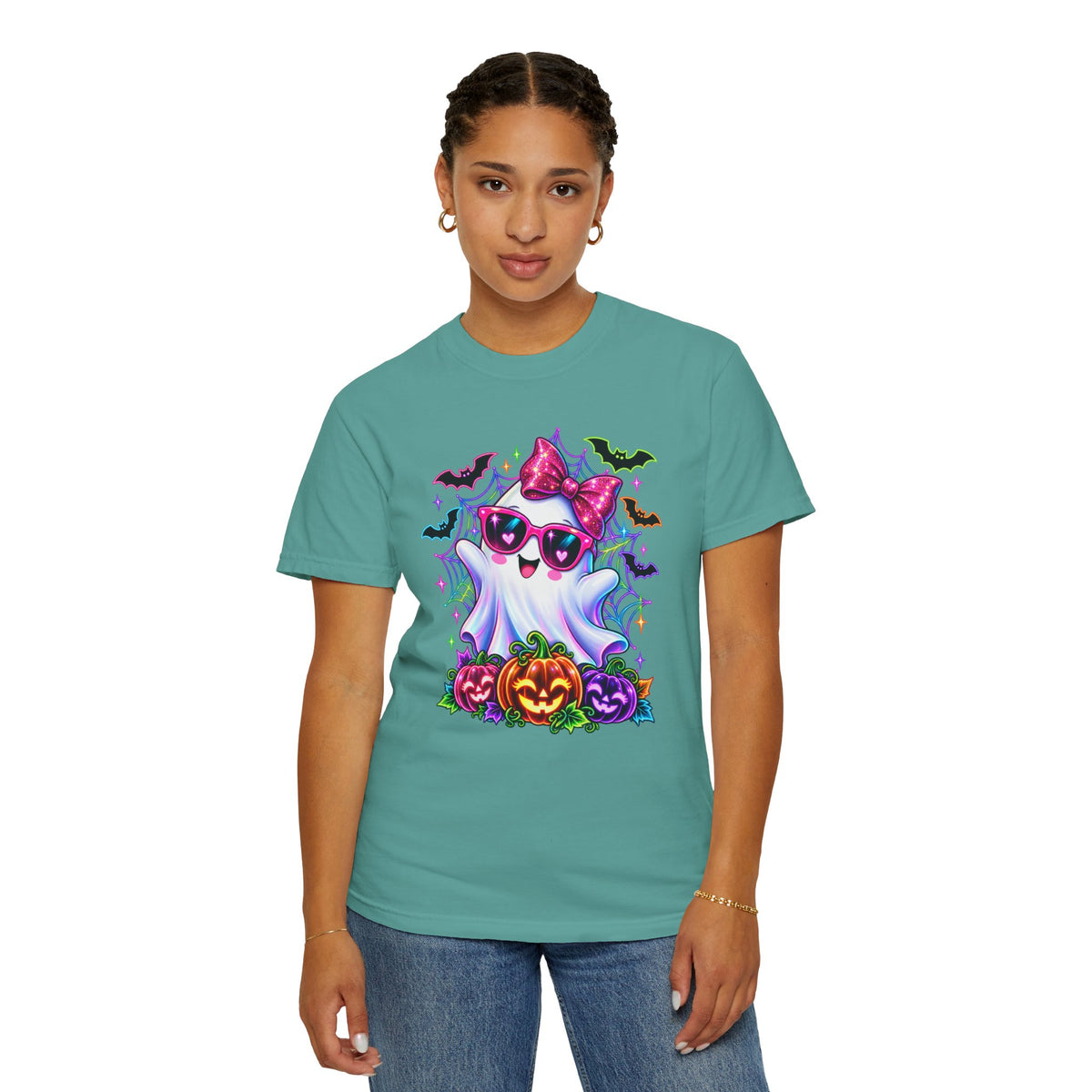 Cute Halloween Ghost T-Shirt — Pink Bow Ghost with Sunglasses & Pumpkins