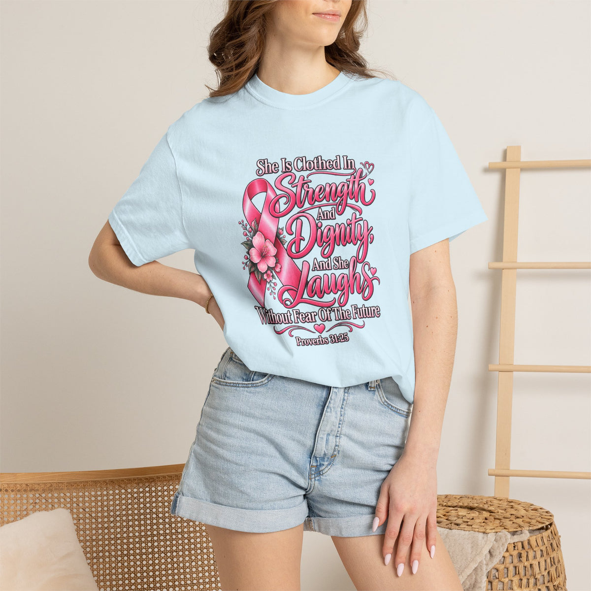 Breast Cancer Awareness T-Shirt — "She is Clothed in Strength" Pink Ribbon Tee