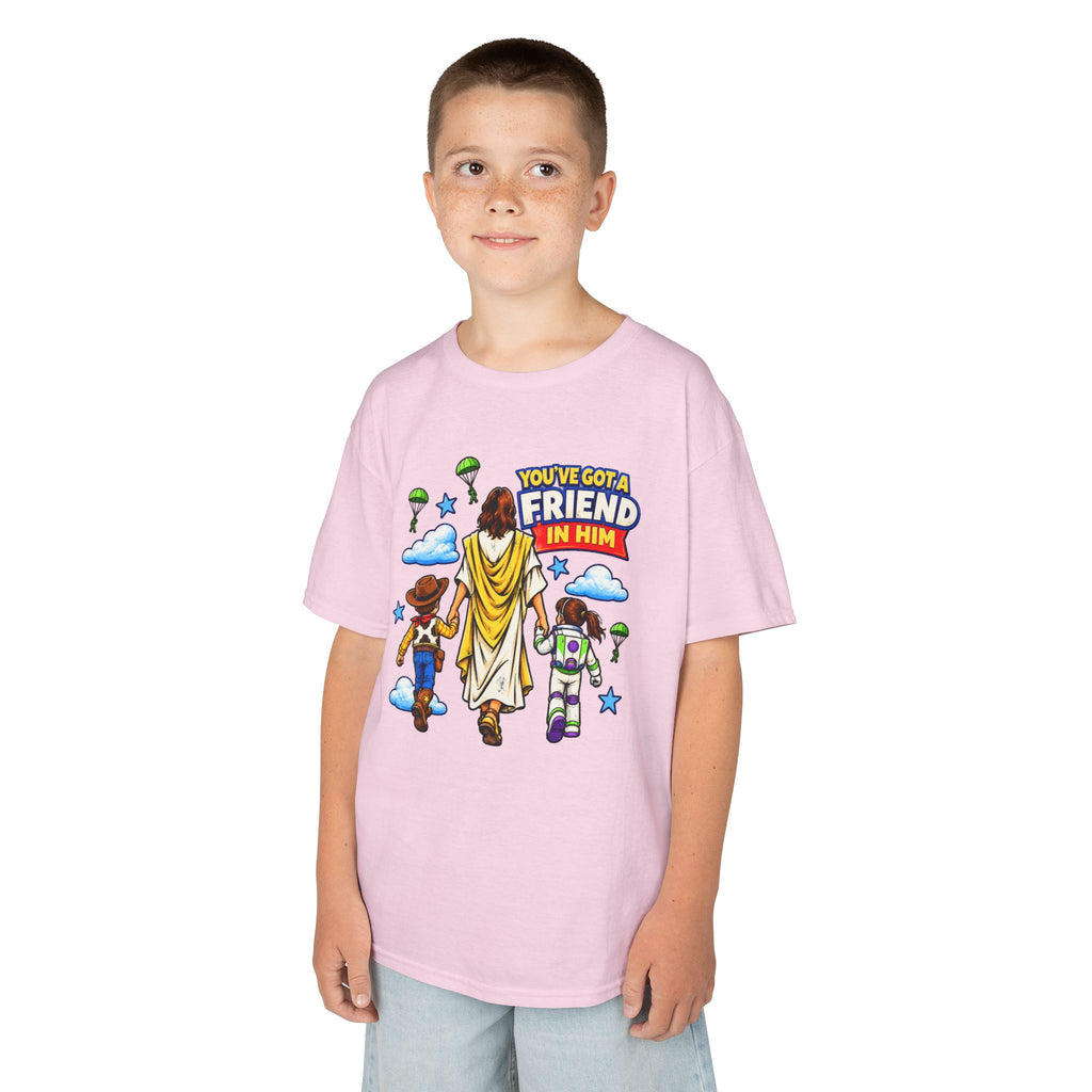 Kids Tee — "You've Gotta Friend in Him" Inspirational Jesus & Toy Friends Graphic