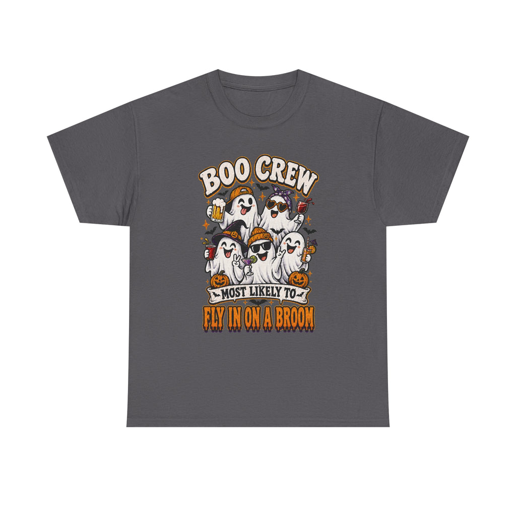 Boo Crew T-Shirt — “Most Likely to Fly on a Broom” Halloween Ghost Tee