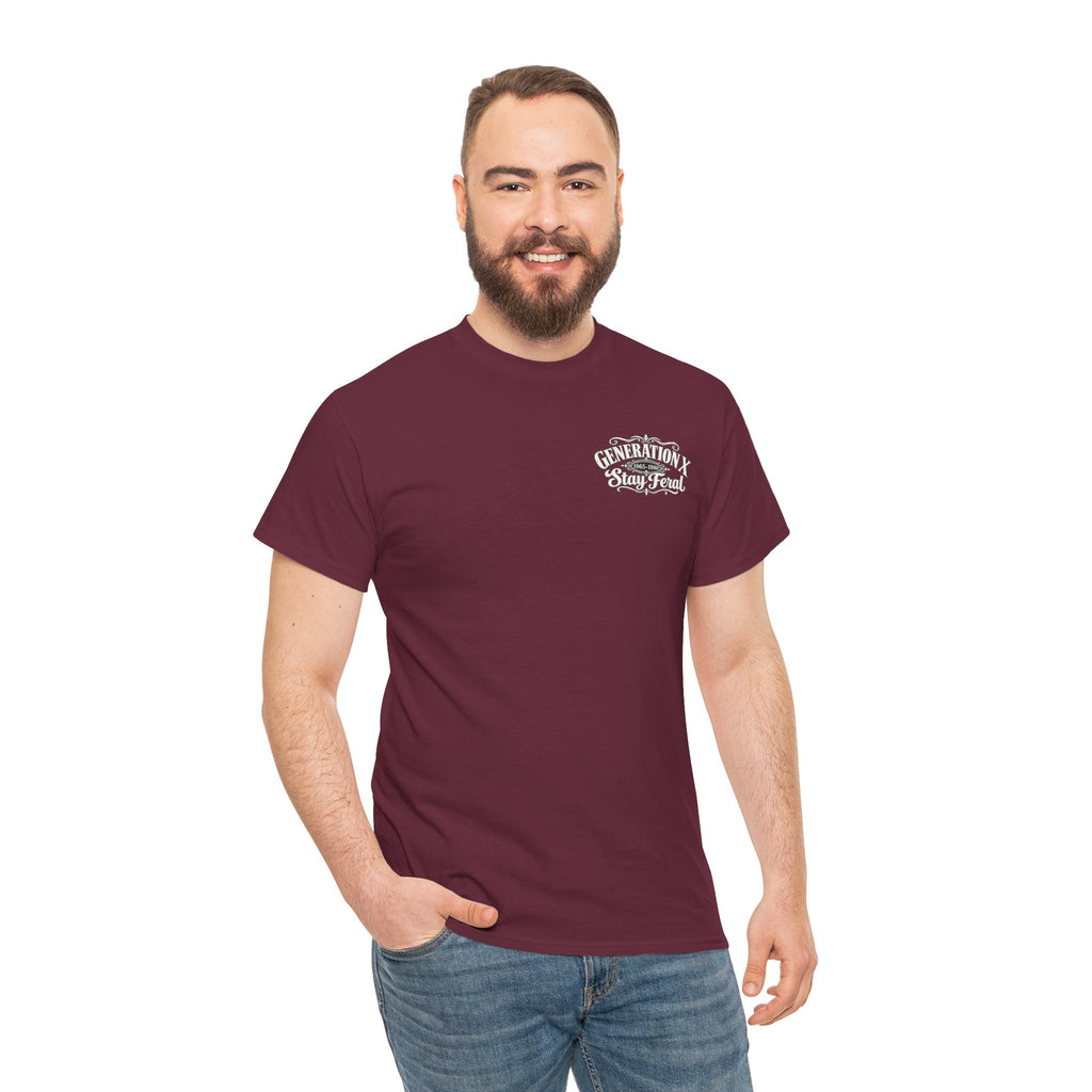 Generation X T‑Shirt — 'Stay Feral' Vintage Whiskey Label Tee (Born 1965–1980)