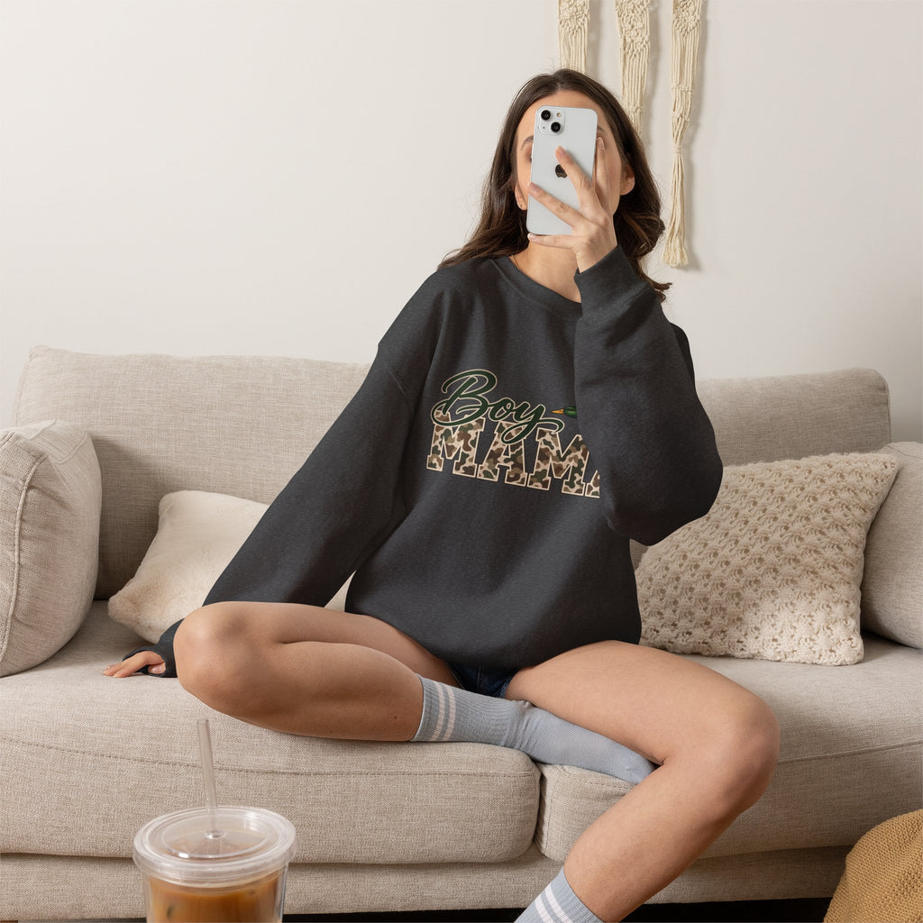 Boy Mama Crewneck Sweatshirt — Camo Lettering with Flying Duck