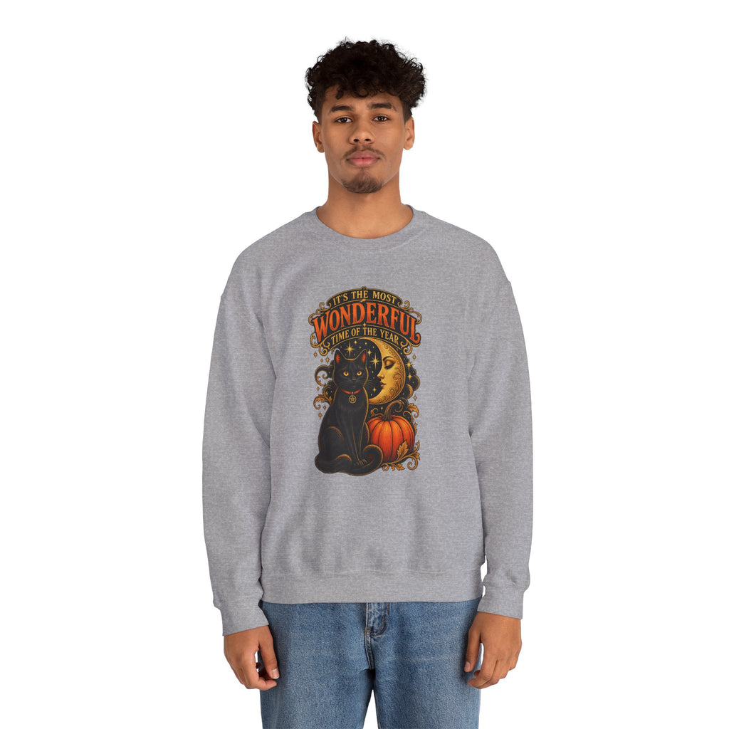 Vintage Halloween Sweatshirt - "It's the Most Wonderful Time of the Year" Black Cat & Moon Design