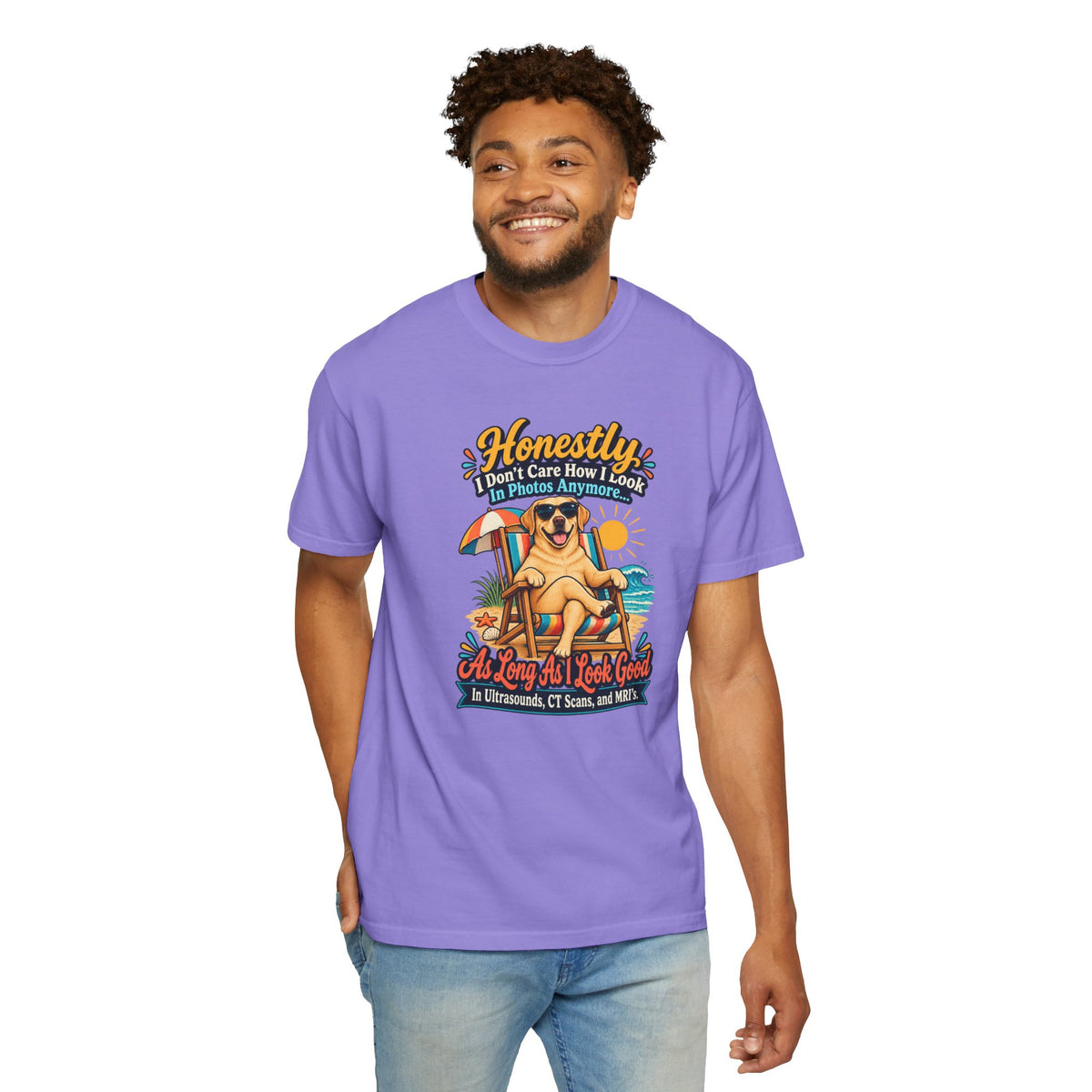 Honestly I Don’t Care How I Look In Photos Anymore T-Shirt — Funny Beach Dog Graphic Tee