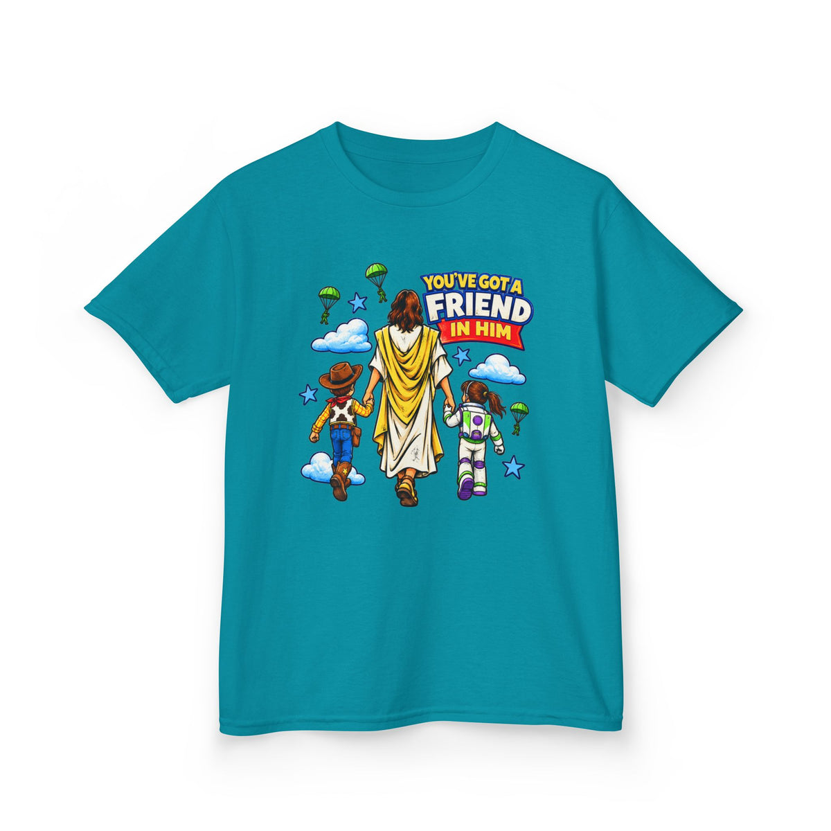 Kids Tee — "You've Gotta Friend in Him" Inspirational Jesus & Toy Friends Graphic