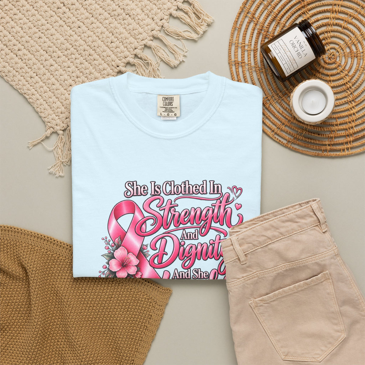 Breast Cancer Awareness T-Shirt — "She is Clothed in Strength" Pink Ribbon Tee