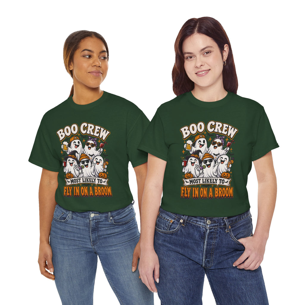 Boo Crew T-Shirt — “Most Likely to Fly on a Broom” Halloween Ghost Tee