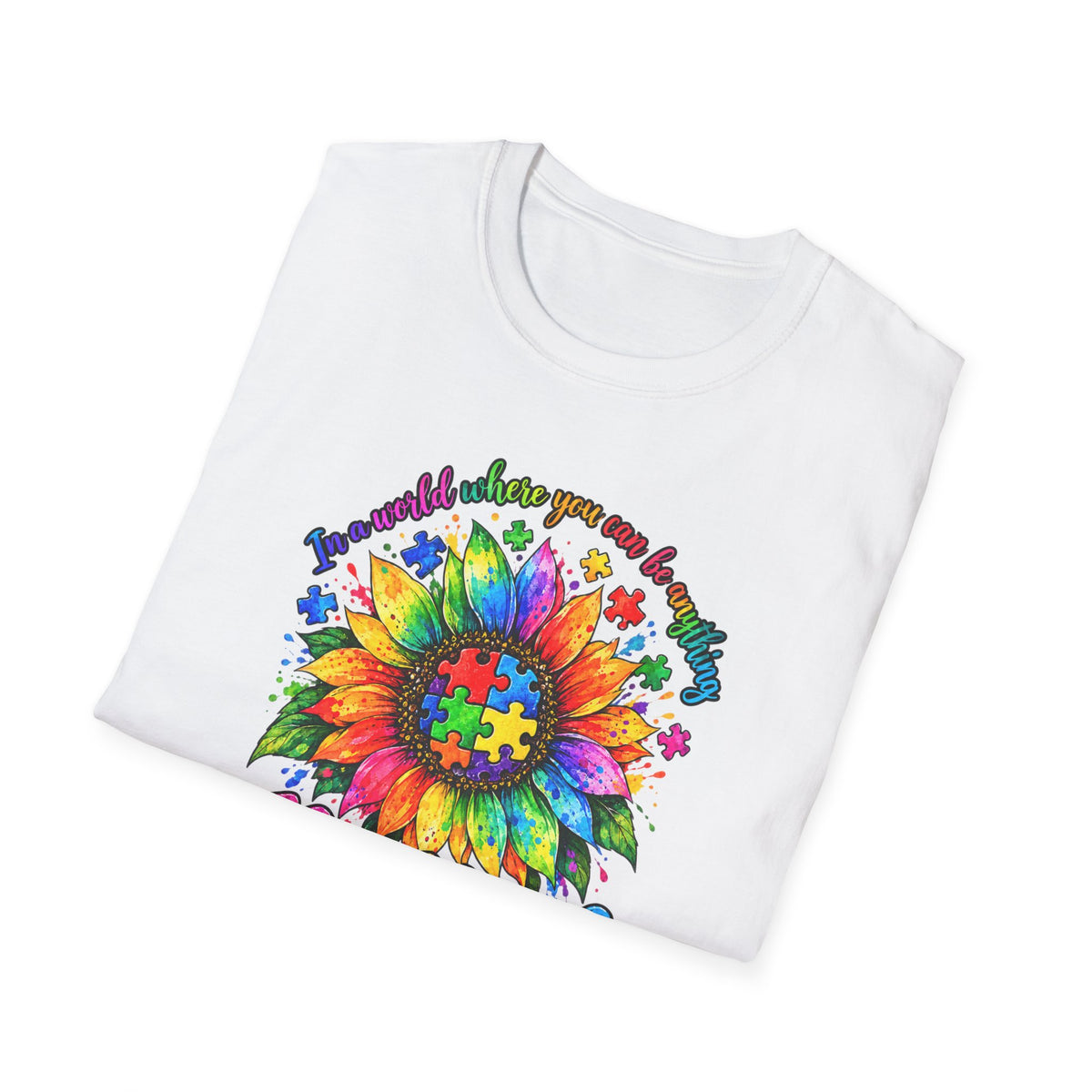 Autism Awareness Sunflower T-Shirt — 'Be Kind' Rainbow Puzzle Design
