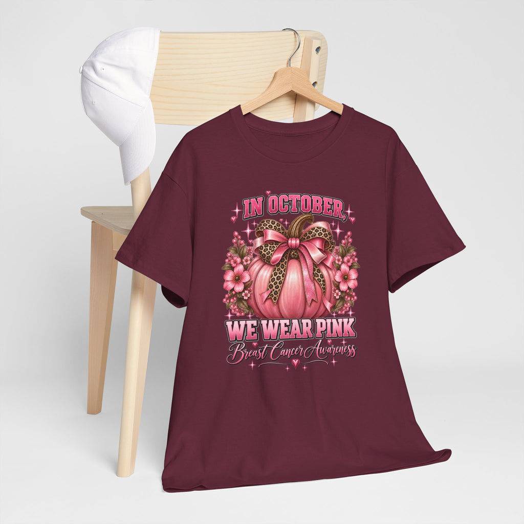Breast Cancer Awareness T-Shirt — "In October We Wear Pink" Pumpkin Design
