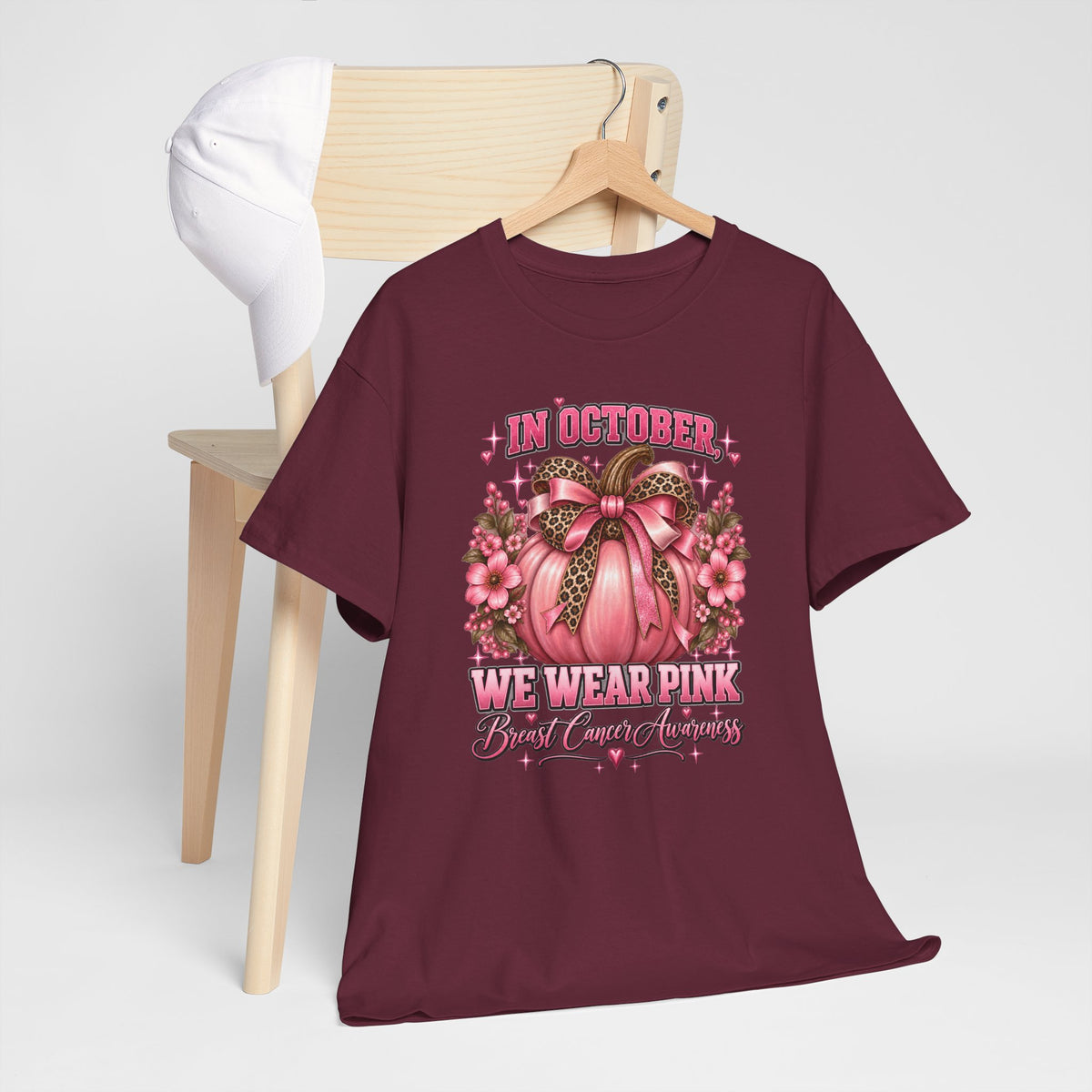 Breast Cancer Awareness T-Shirt — "In October We Wear Pink" Pumpkin Design