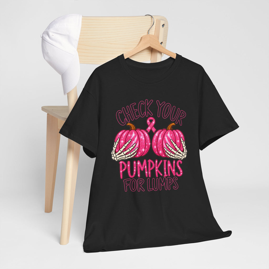 Breast Cancer Awareness T-Shirt — "Check Your Pumpkins for Lumps" Pink Ribbon Tee