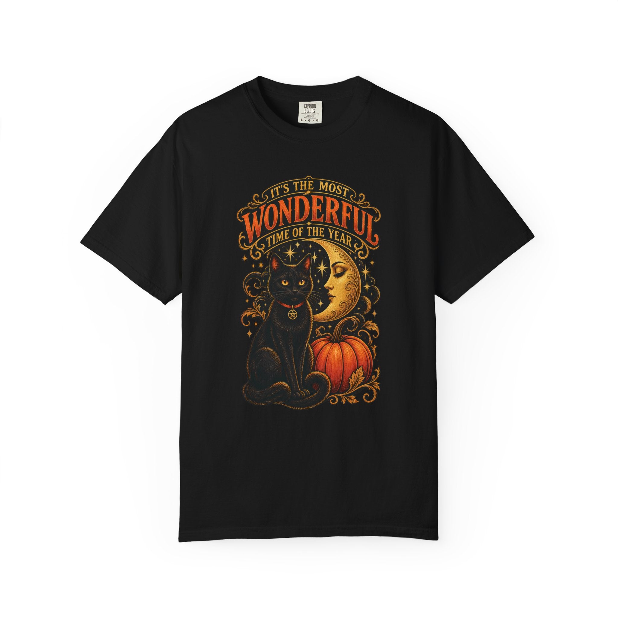 T-Shirt — "It's the Most Wonderful Time of the Year" Halloween Black Cat & Pumpkin