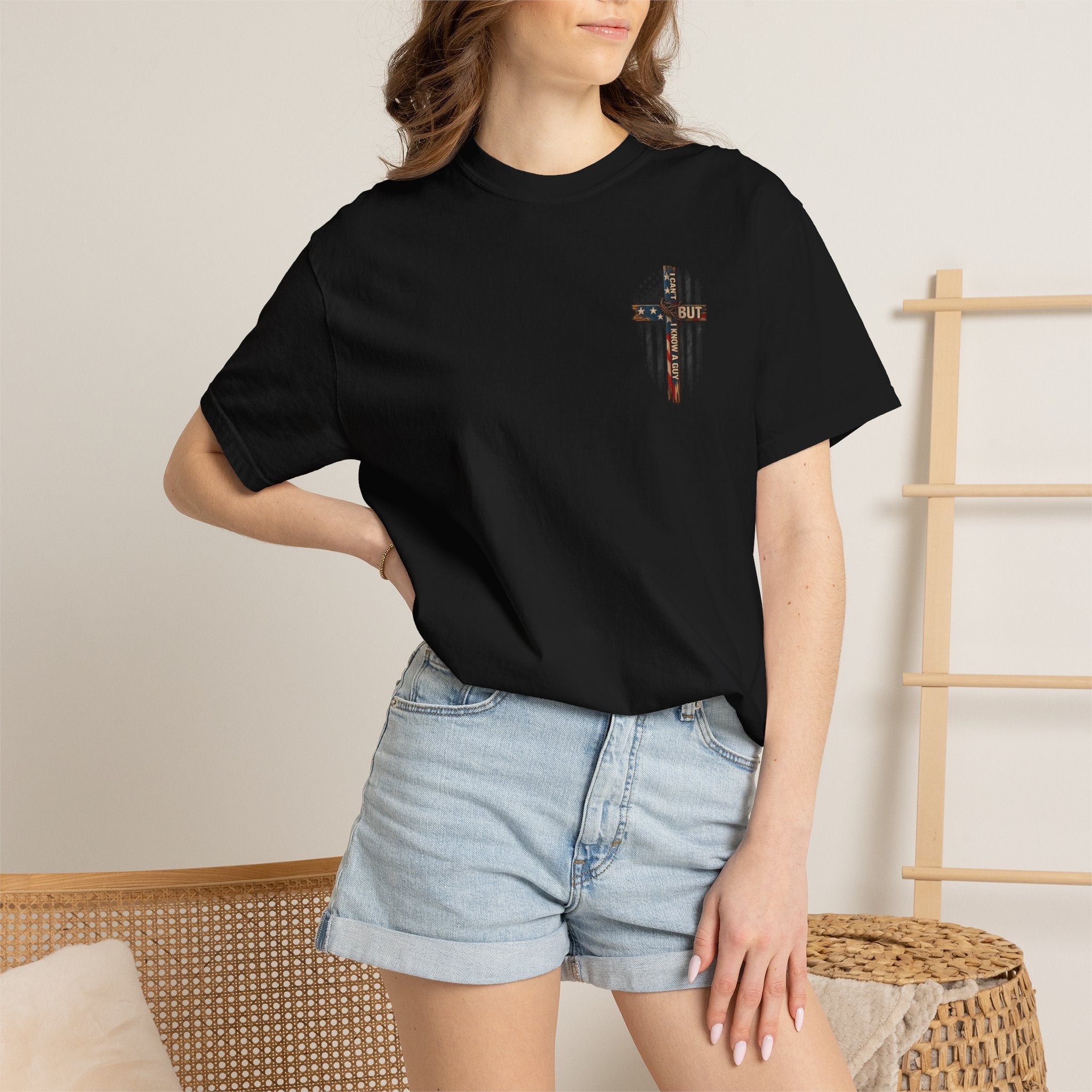 T-Shirt — 'I Can't But I Know A Guy' American Flag Cross Graphic