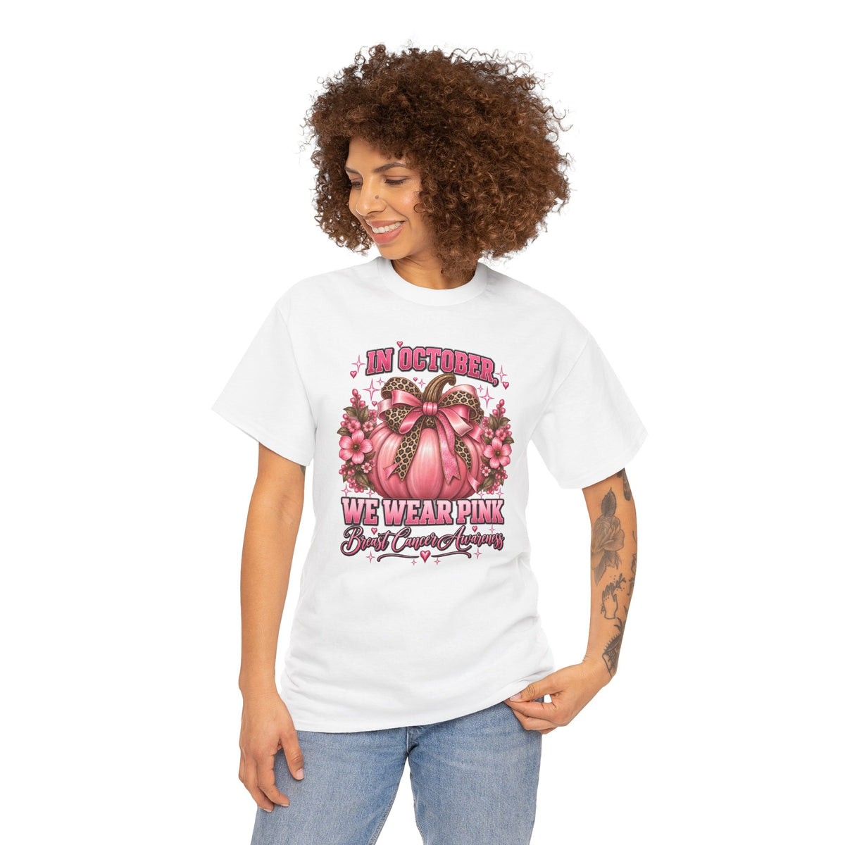Breast Cancer Awareness T-Shirt — "In October We Wear Pink" Pumpkin Design