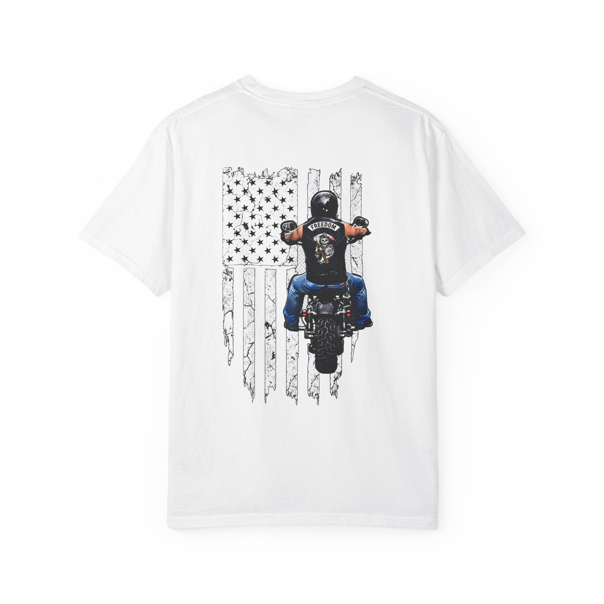 American Biker T-Shirt — Motorcycle Rider Back Graphic with Flag