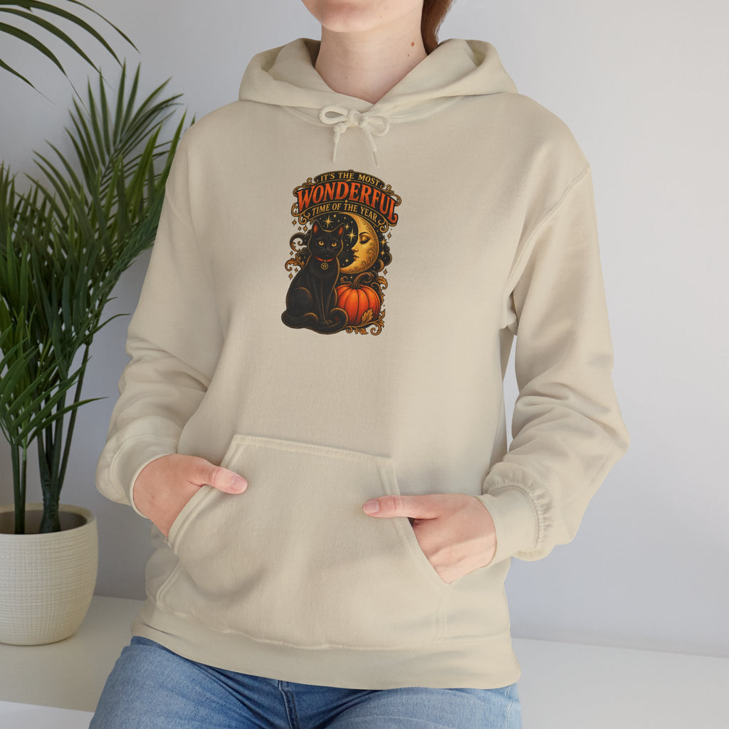 Halloween Black Cat Moon Hoodie – Vintage Pumpkin & Crescent Moon Fall Sweatshirt