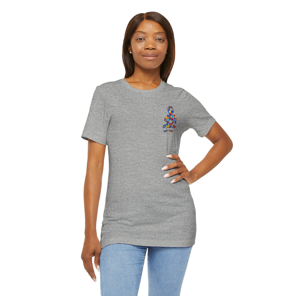 Autism Awareness Ribbon Chest Tee — 'Different, Not Less' Short Sleeve T-Shirt