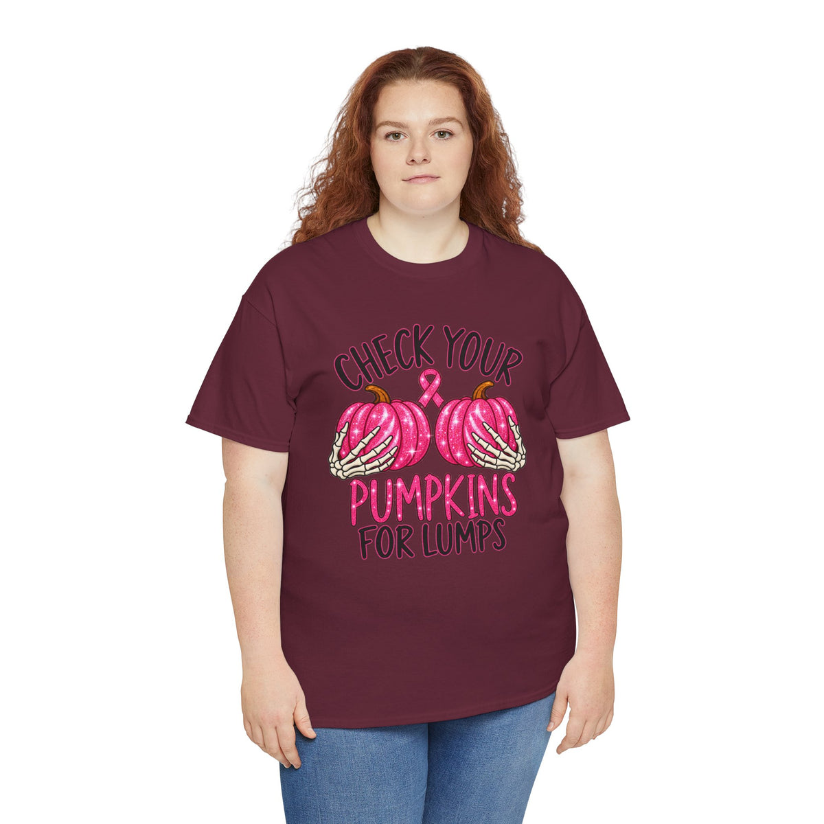 Breast Cancer Awareness T-Shirt — "Check Your Pumpkins for Lumps" Pink Ribbon Tee