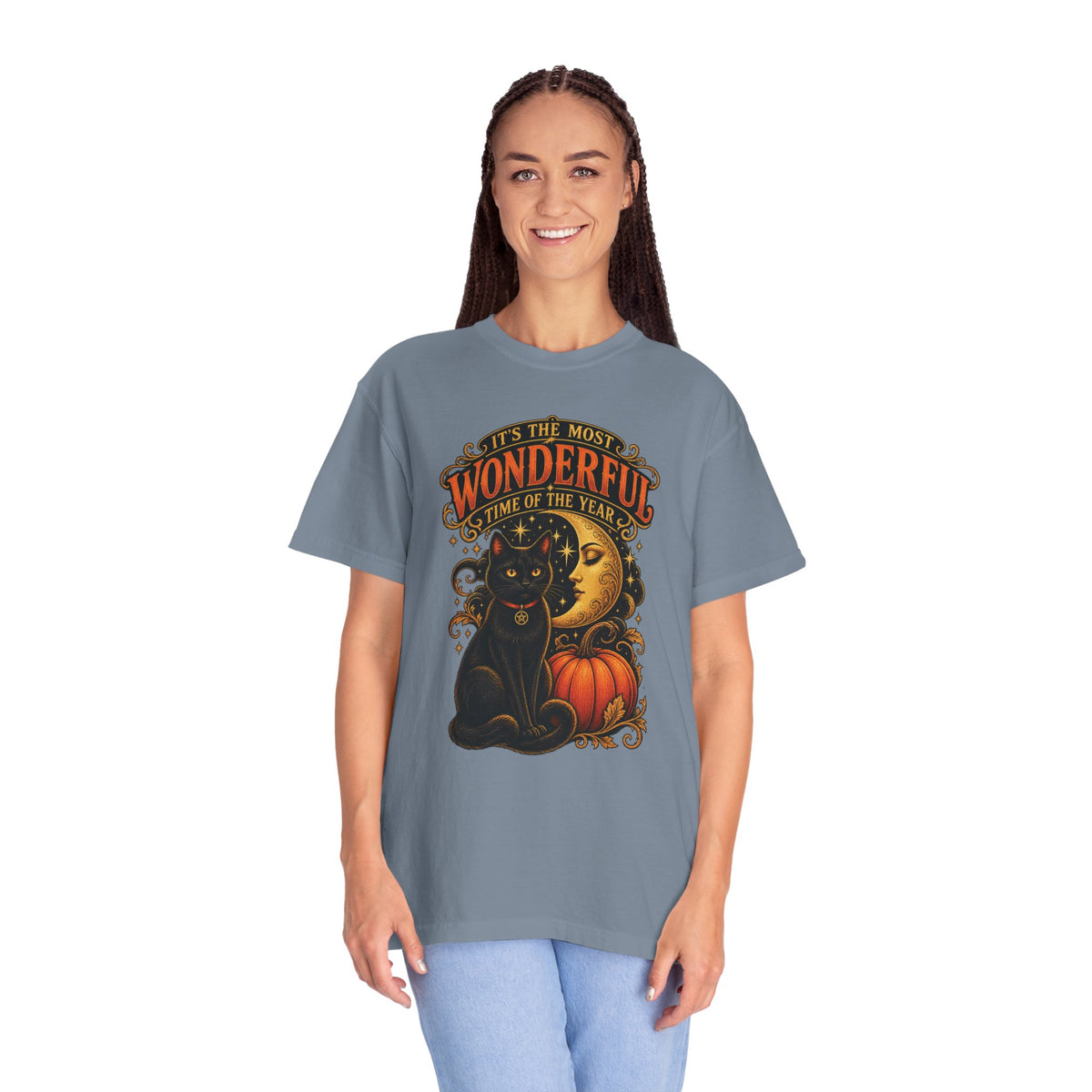 T-Shirt — "It's the Most Wonderful Time of the Year" Halloween Black Cat & Pumpkin