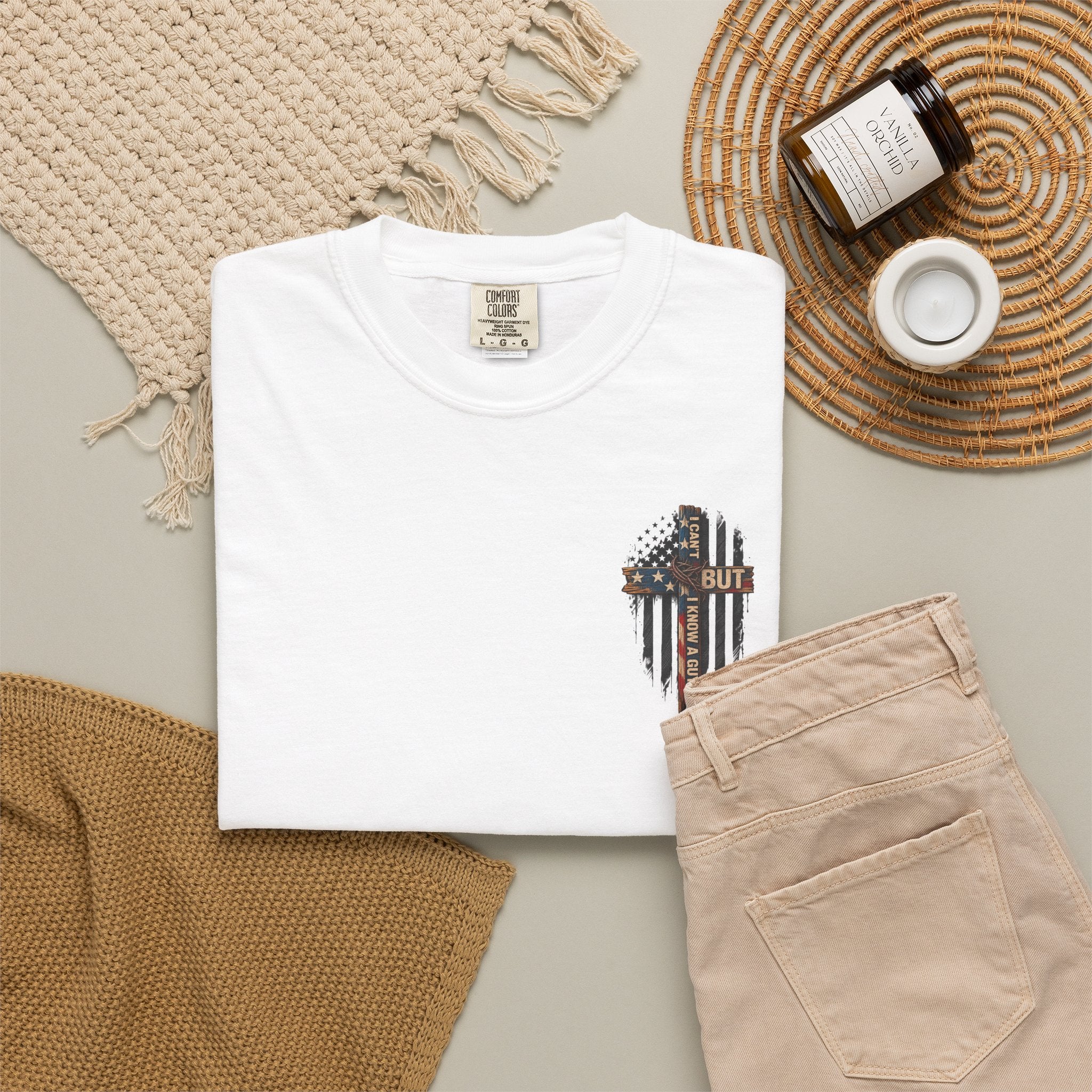 T-Shirt — 'I Can't But I Know A Guy' American Flag Cross Graphic
